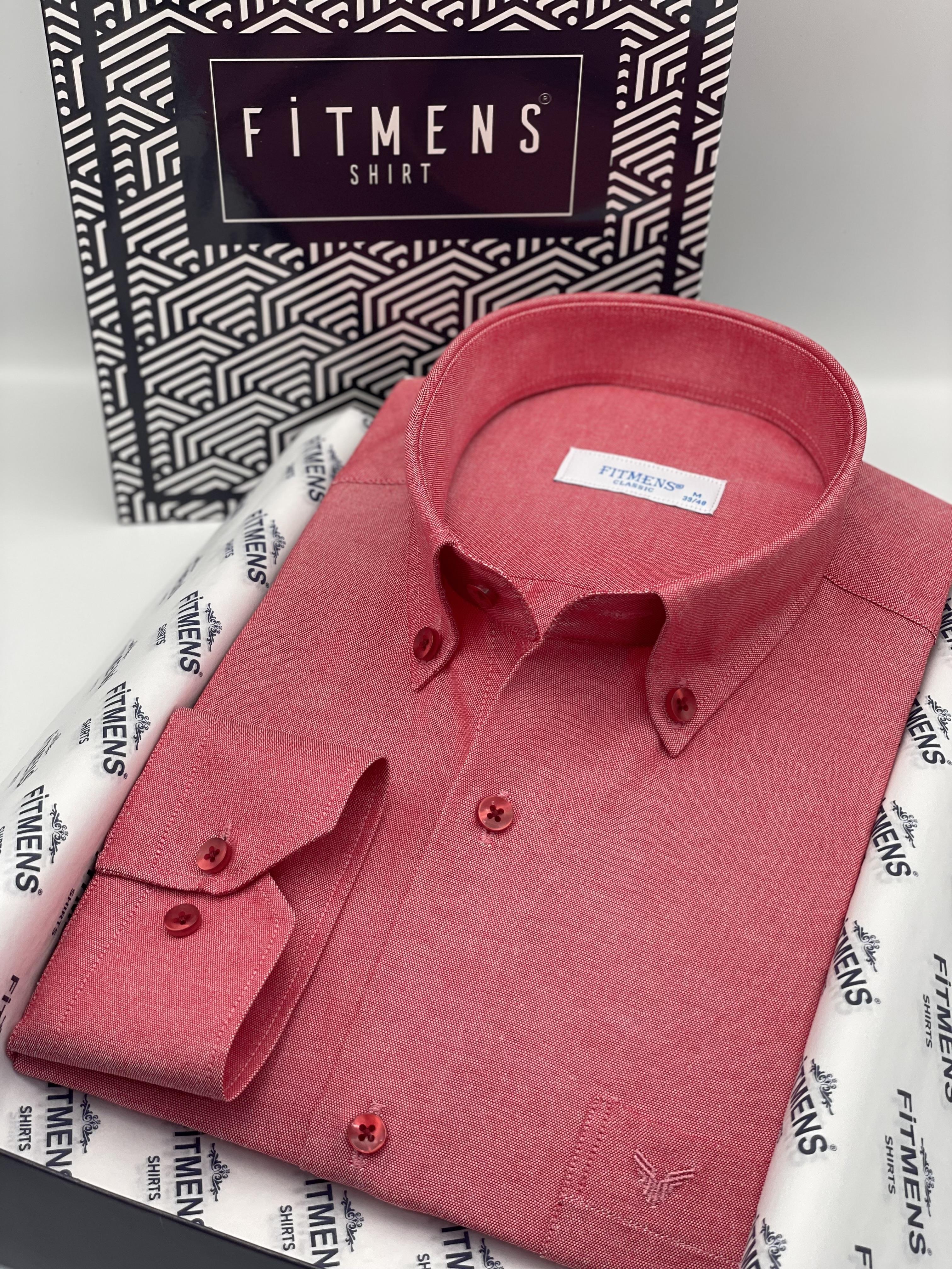 Klasik Uzun Kol Pamuklu Yaka Düğmeli Hediye Kutulu Kolay Ütülenebilir Erkek Gömlek FS-003897 - Kırmızı
