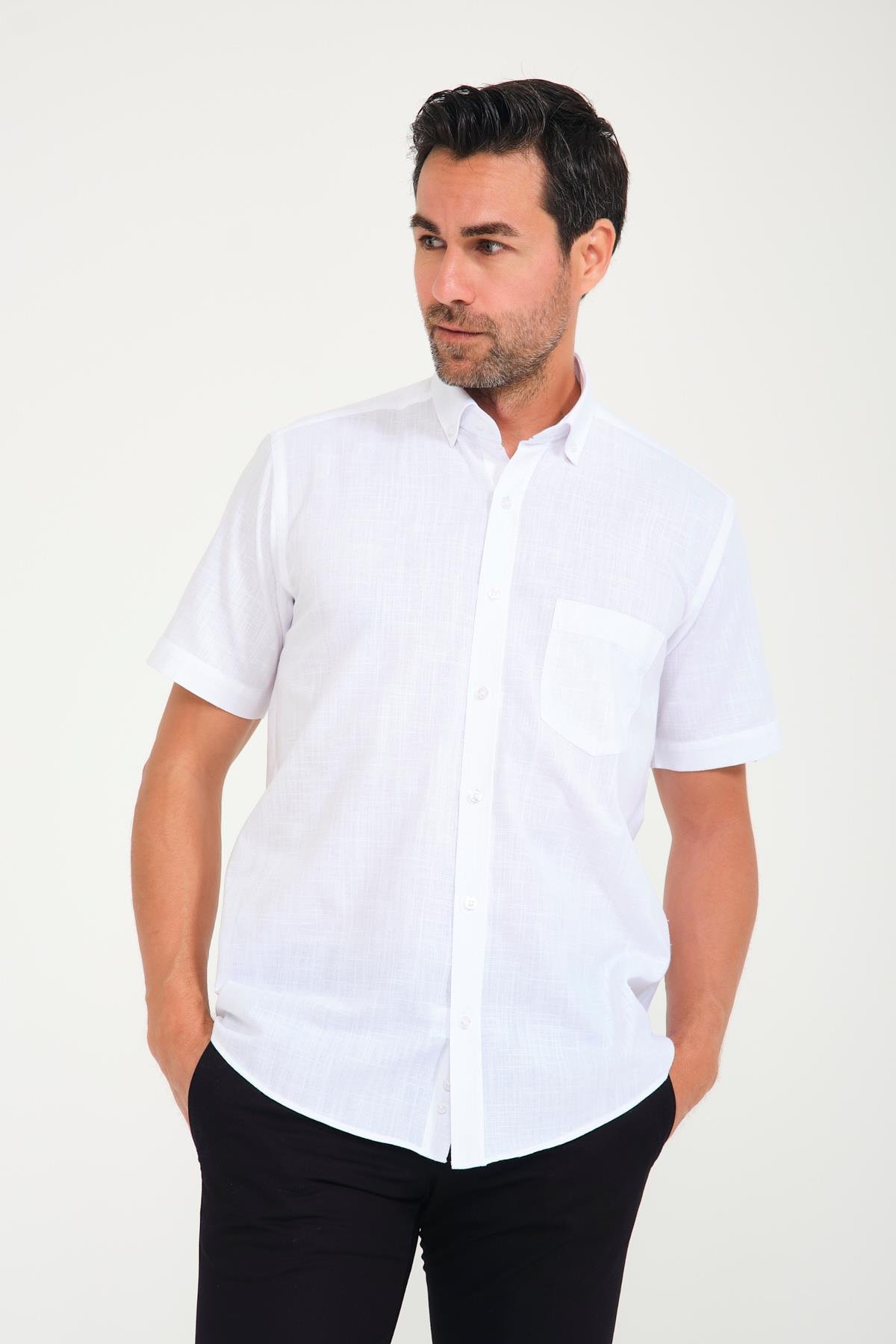 Klasik Kısa Kol Linen Keten Yaka Düğmeli Hediye Kutulu Erkek Gömlek FS-001202 - Beyaz Lacivert