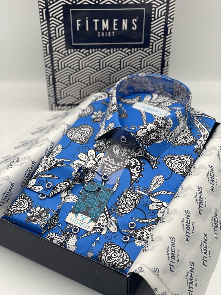 Slim Fit Uzun Kol Dijital Çiçek Baskılı Saks Mavi Gömlek FS-003237 - Saks Mavi