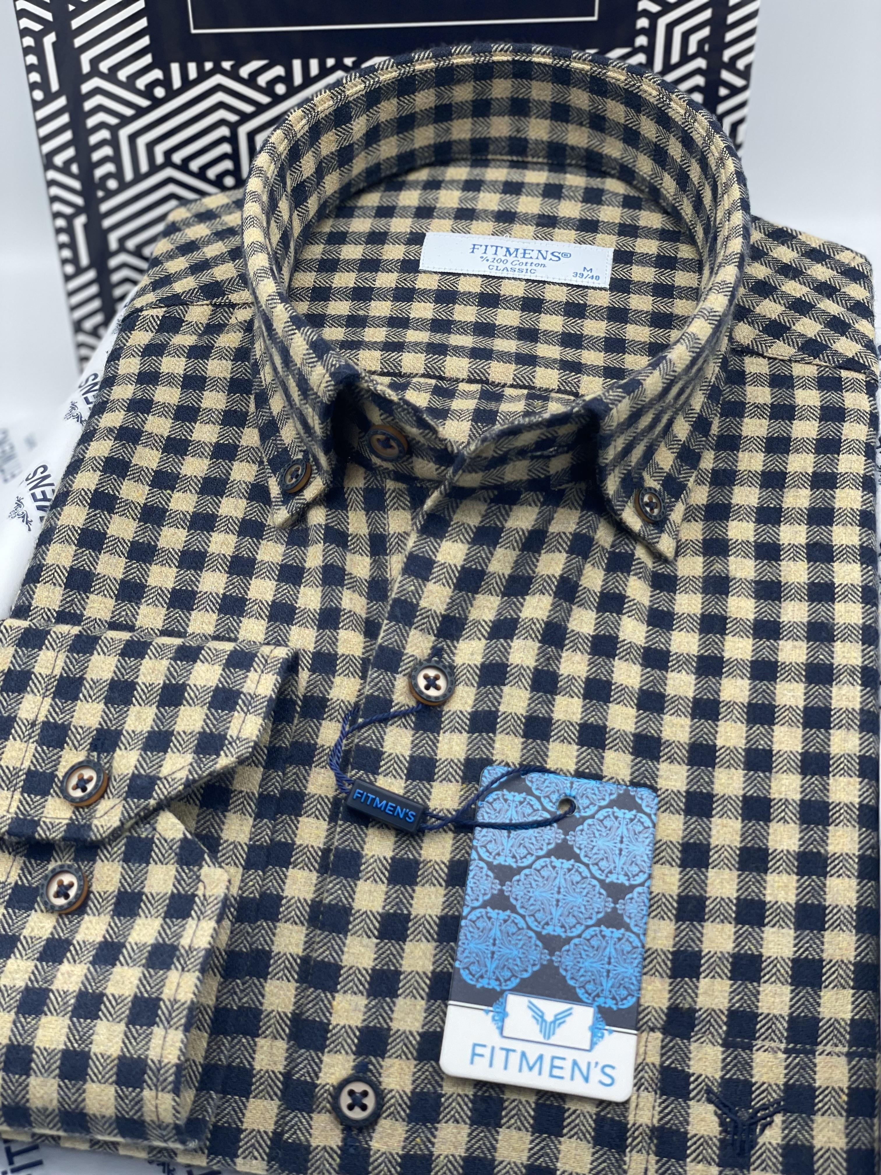 Klasik Uzun Kol Kışlık %100 Cotton Kareli Yaka Düğmeli Pamuklu Hediye Kutulu Erkek Gömlek FS-003128 - Kahverengi