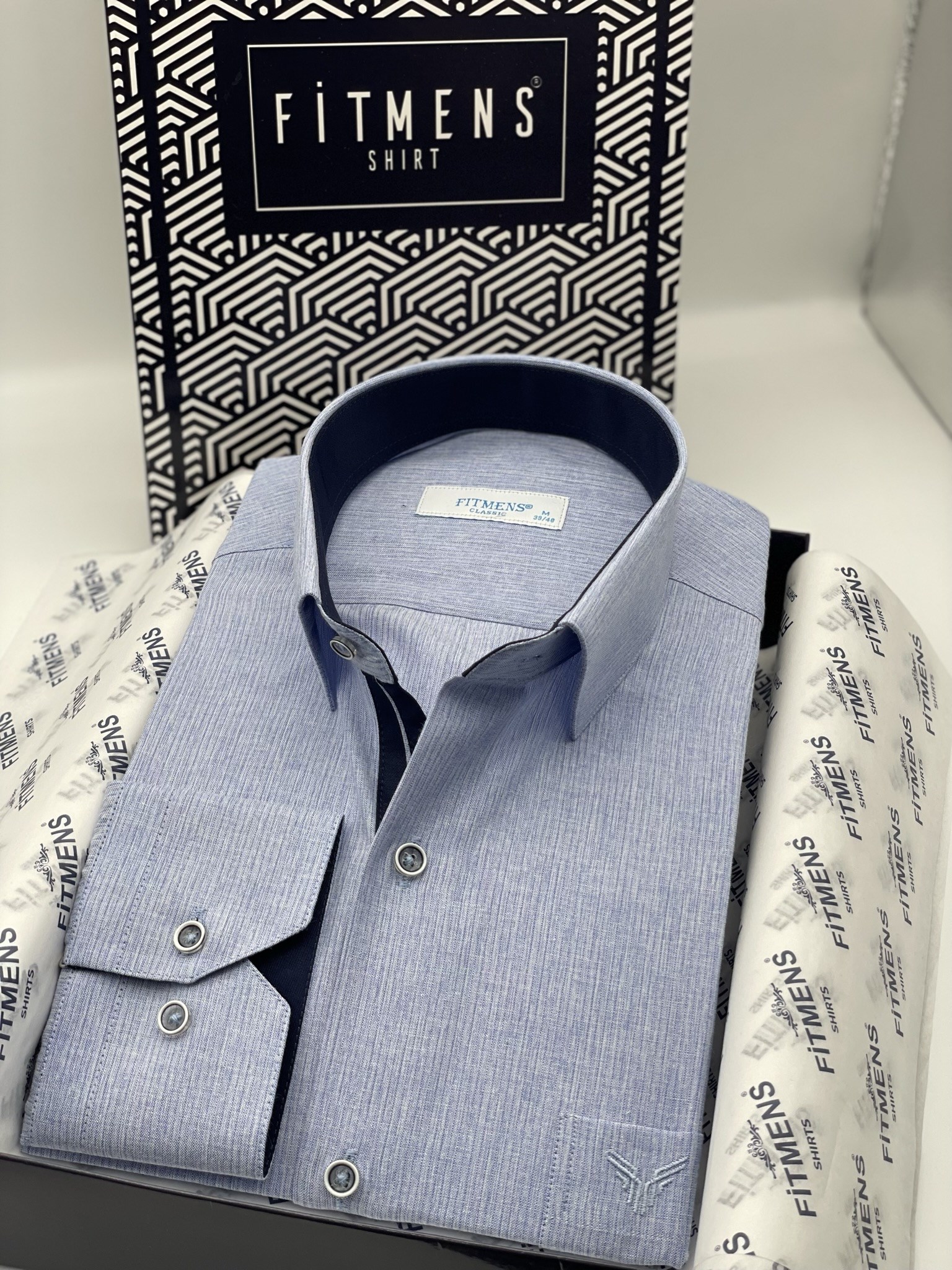 Klasik Uzun Kol Keten Cotton Hediye Kutulu Erkek Gömlek FS-001261 - Mavi