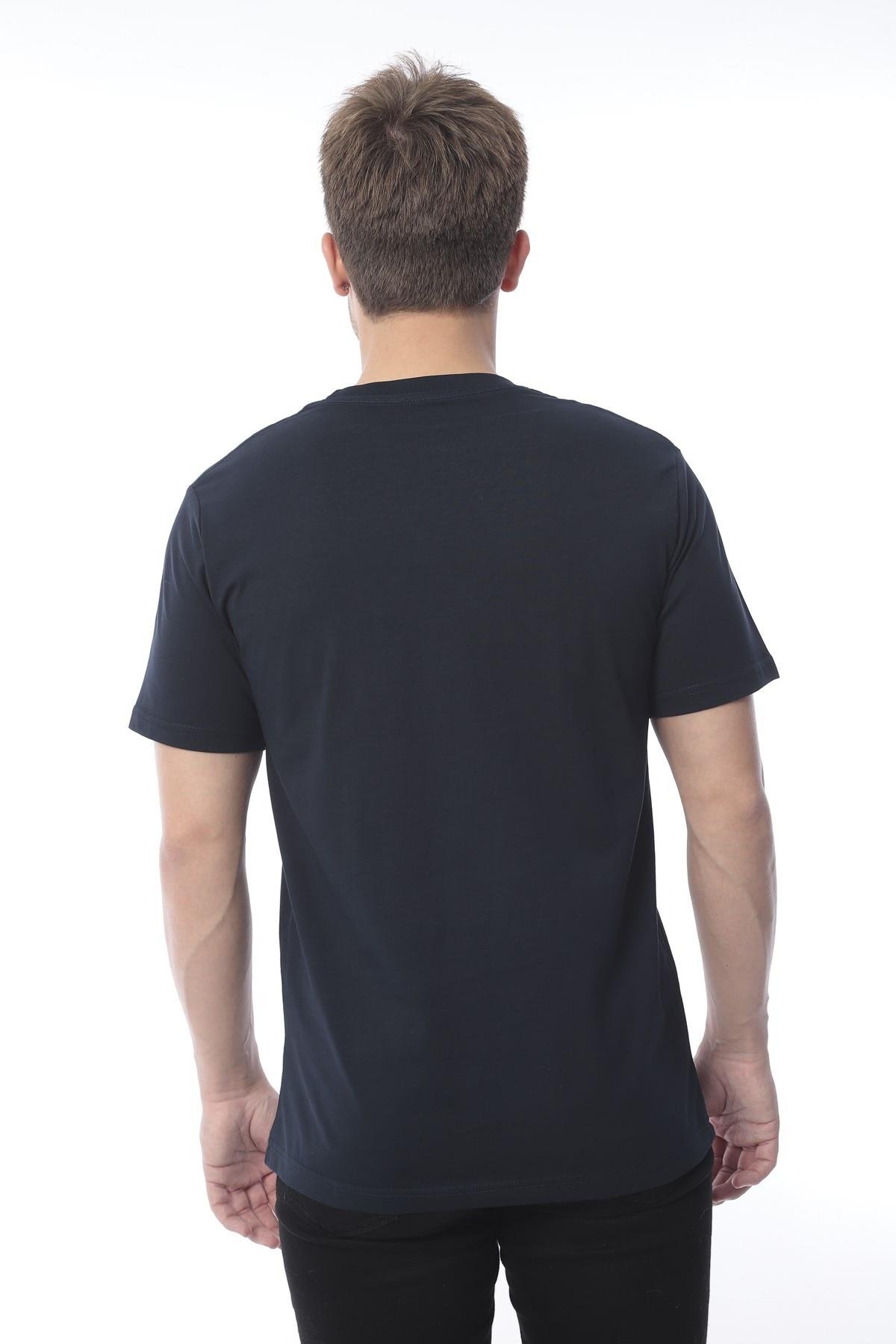 Slim Fit Kısa Kol Nakışlı %100 Pamuklu T-Shirt FS-003011 - Lacivert