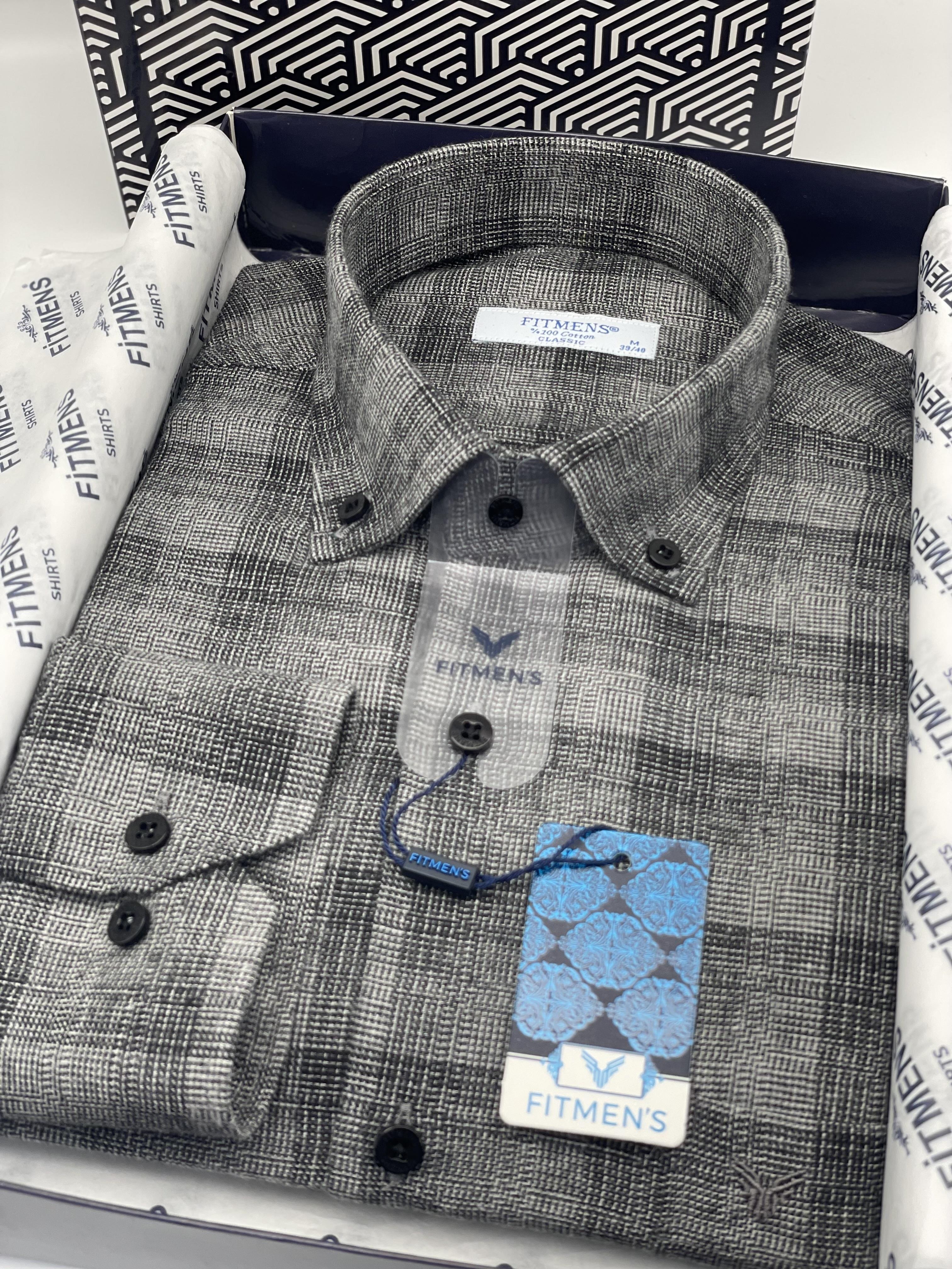 Klasik Uzun Kol Kışlık %100 Cotton Kareli Yaka Düğmeli Hediye Kutulu Erkek Gömlek FS-003135 - Açık Lacivert