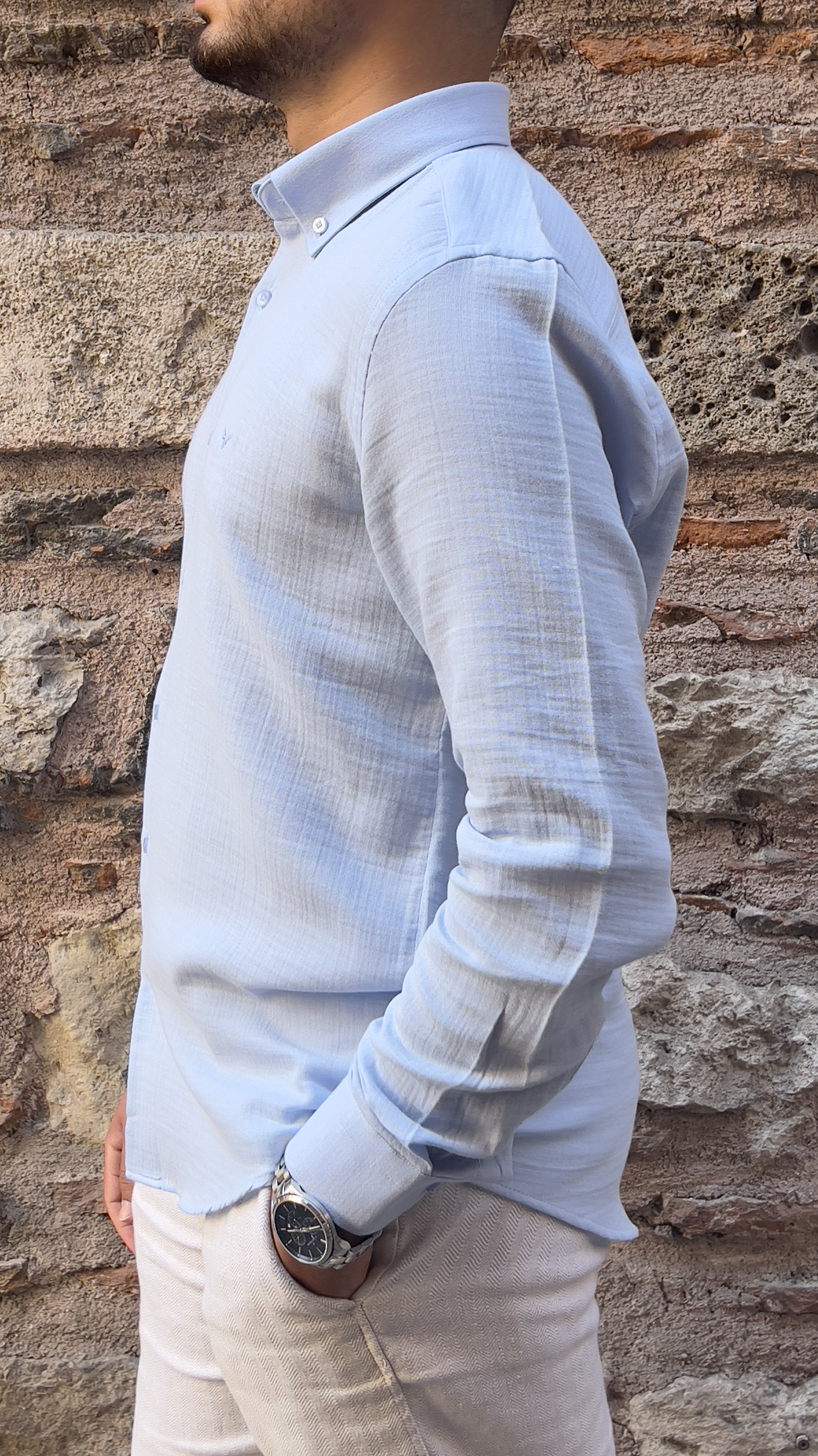 Slim Fit Uzun Kol Müslin Pamuk Rahat Nefes Alabilen Kumaştan Yaka Düğmeli Hediye Kutulu Erkek Gömlek FS-004202 - Açık Mavi