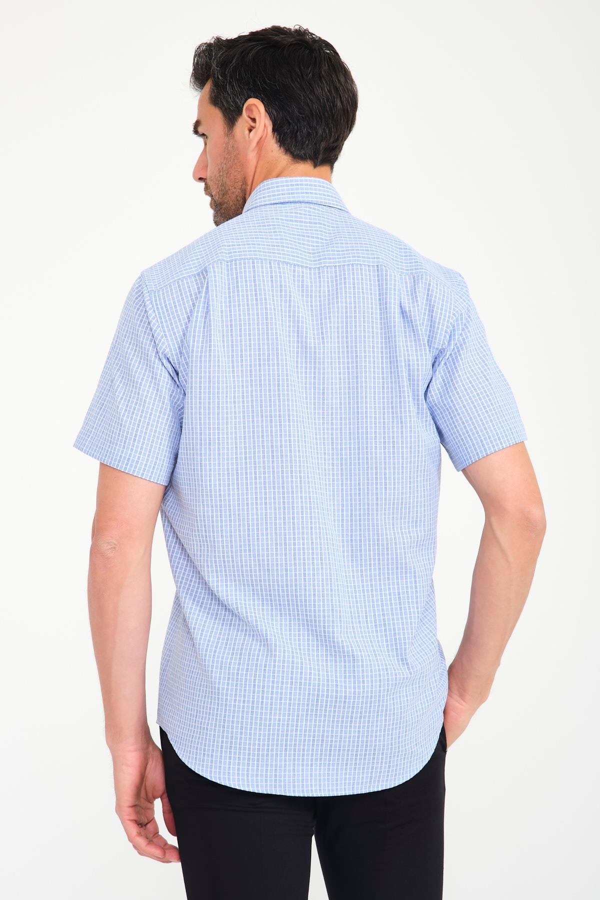 Klasik Kısa Kol Neon Kare Yaka Düğmeli Hediye Kutulu Erkek Gömlek FS-001221 - Mavi