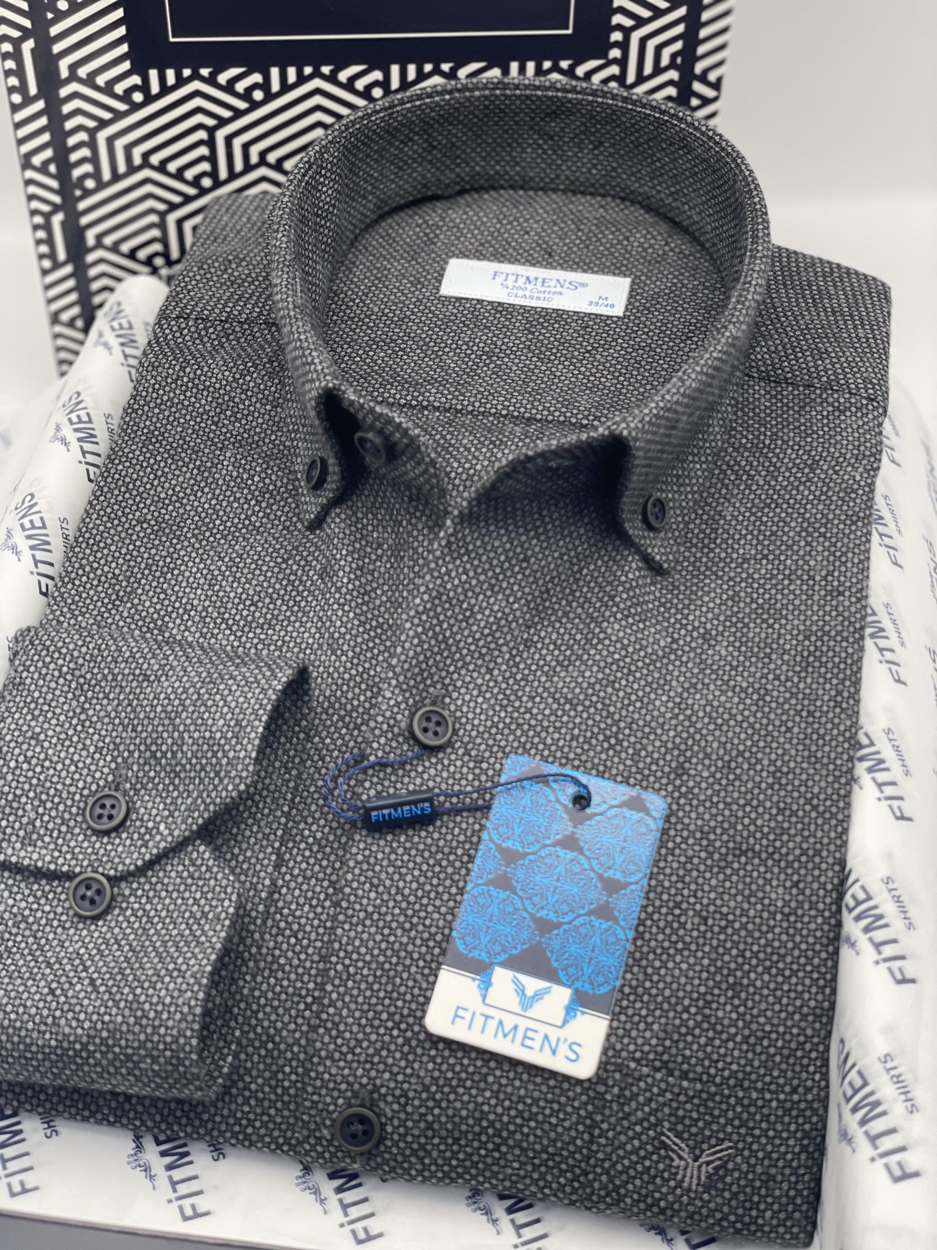 Klasik Uzun Kol Kışlık Kuşgözü Yaka Düğmeli Yünlü %100 Cotton Hediye Kutulu Erkek Gömlek FS-003768 - Antrasit