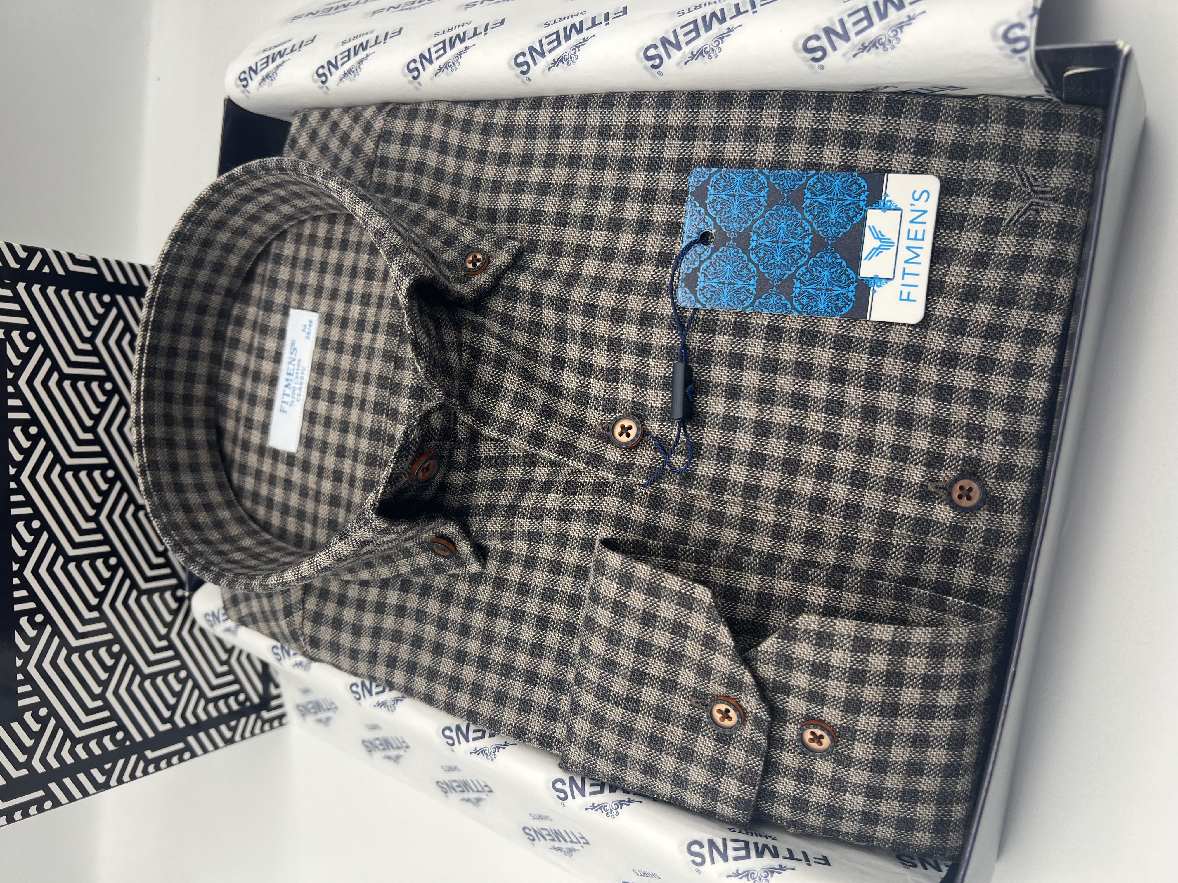 Klasik Uzun Kol Kışlık %100 Cotton Kareli Yaka Düğmeli Hediye Kutulu Erkek Gömlek FS-003127 - Kahverengi