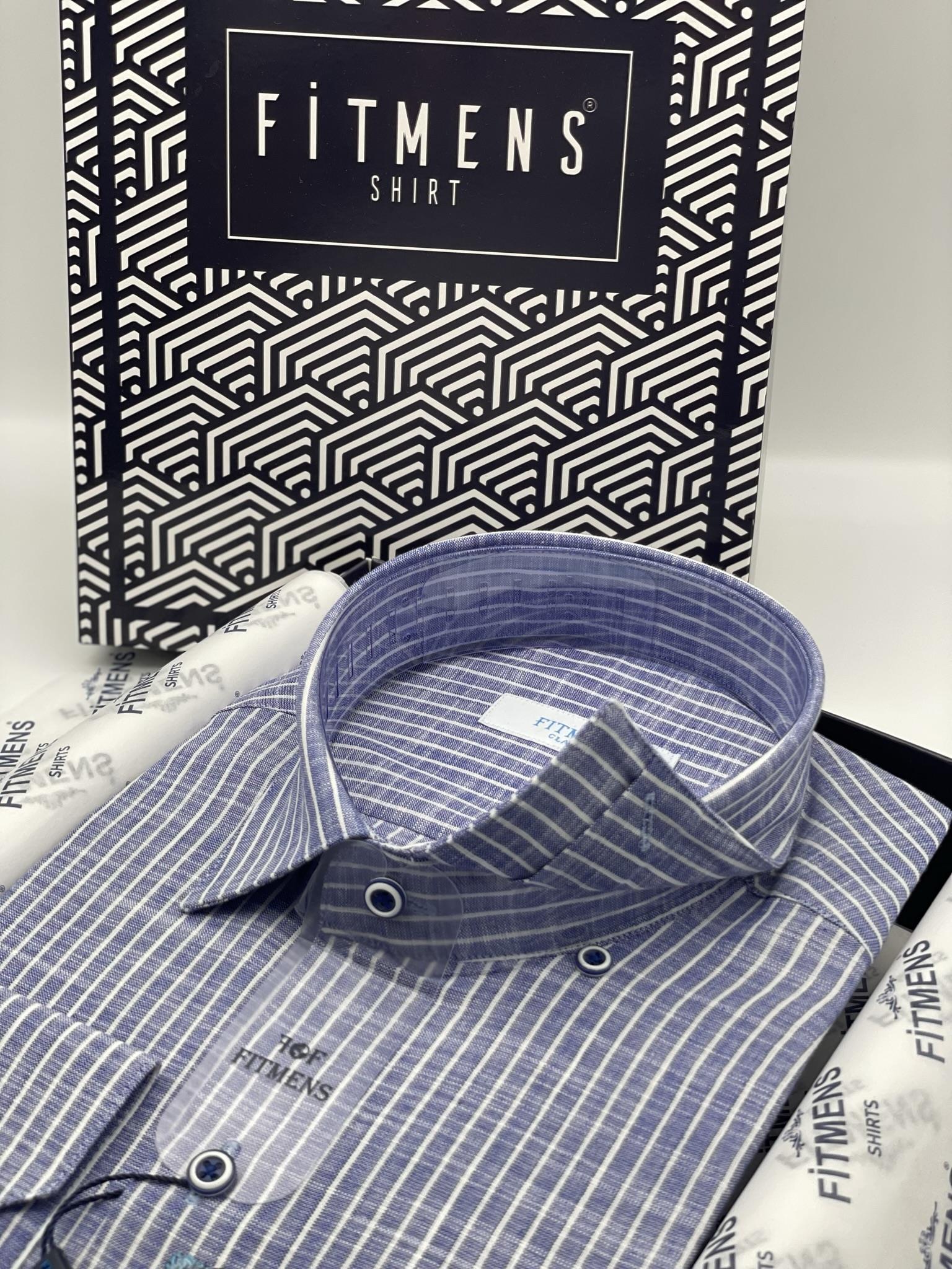 Klasik Uzun Kol Çizgili Keten Cotton Cepsiz Yaka Düğmeli Erkek Hediye Kutulu Gömlek FS-003169 - Saks Mavi