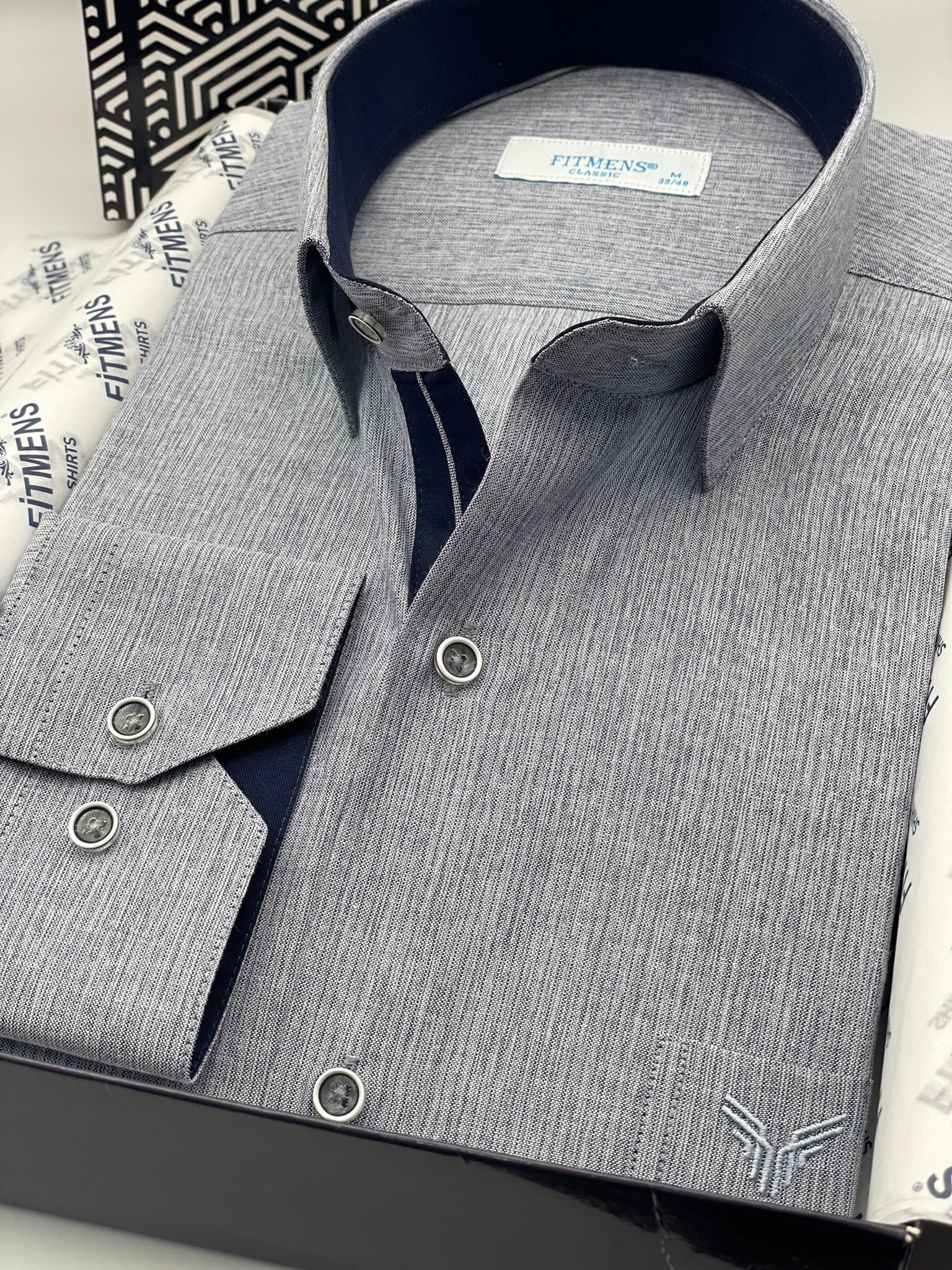 Klasik Uzun Kol Keten Cotton Hediye Kutulu Erkek Gömlek FS-001261 - Lacivert