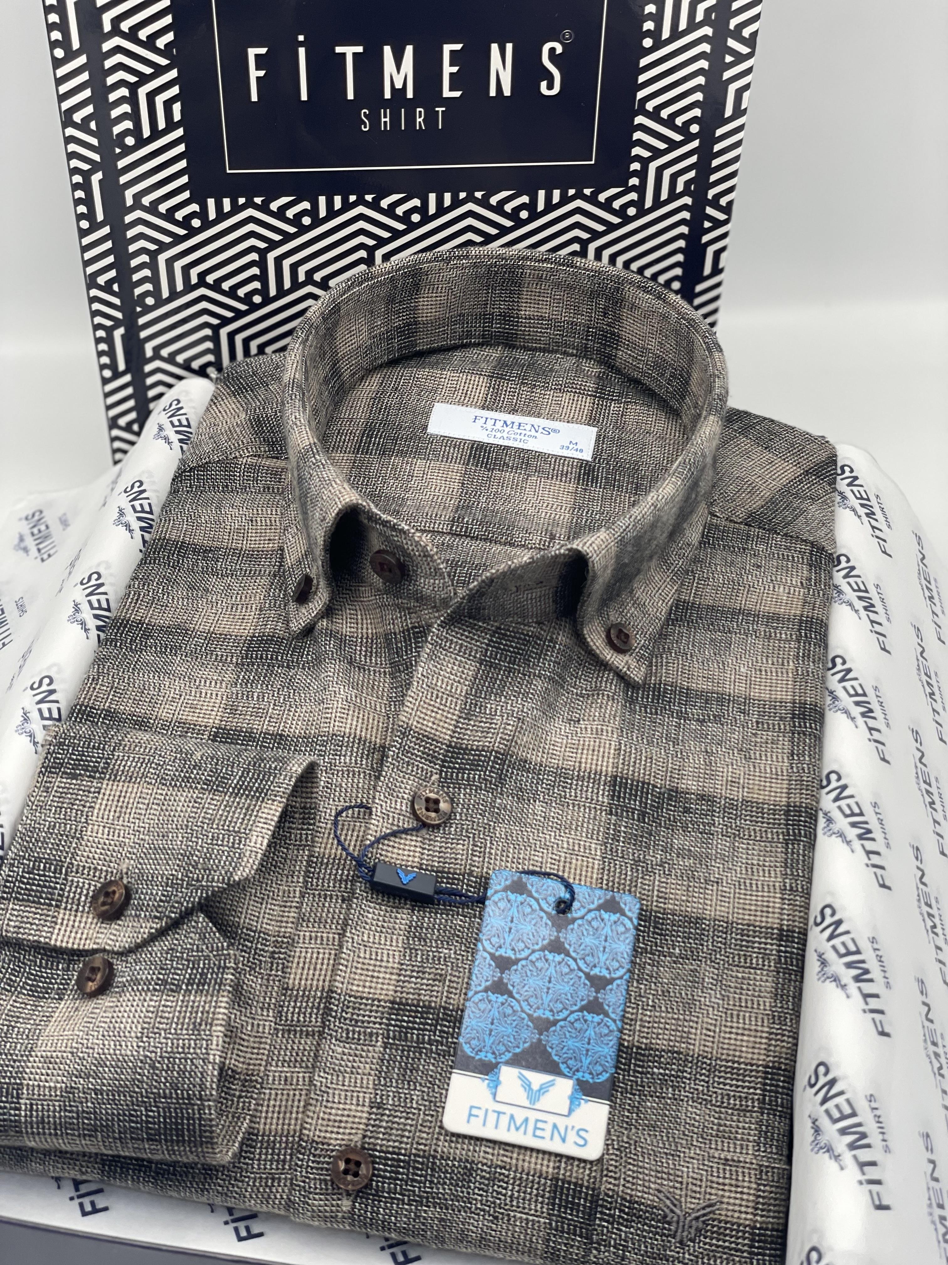 Klasik Uzun Kol Kışlık %100 Cotton Kareli Yaka Düğmeli Hediye Kutulu Erkek Gömlek FS-003135 - Kahverengi