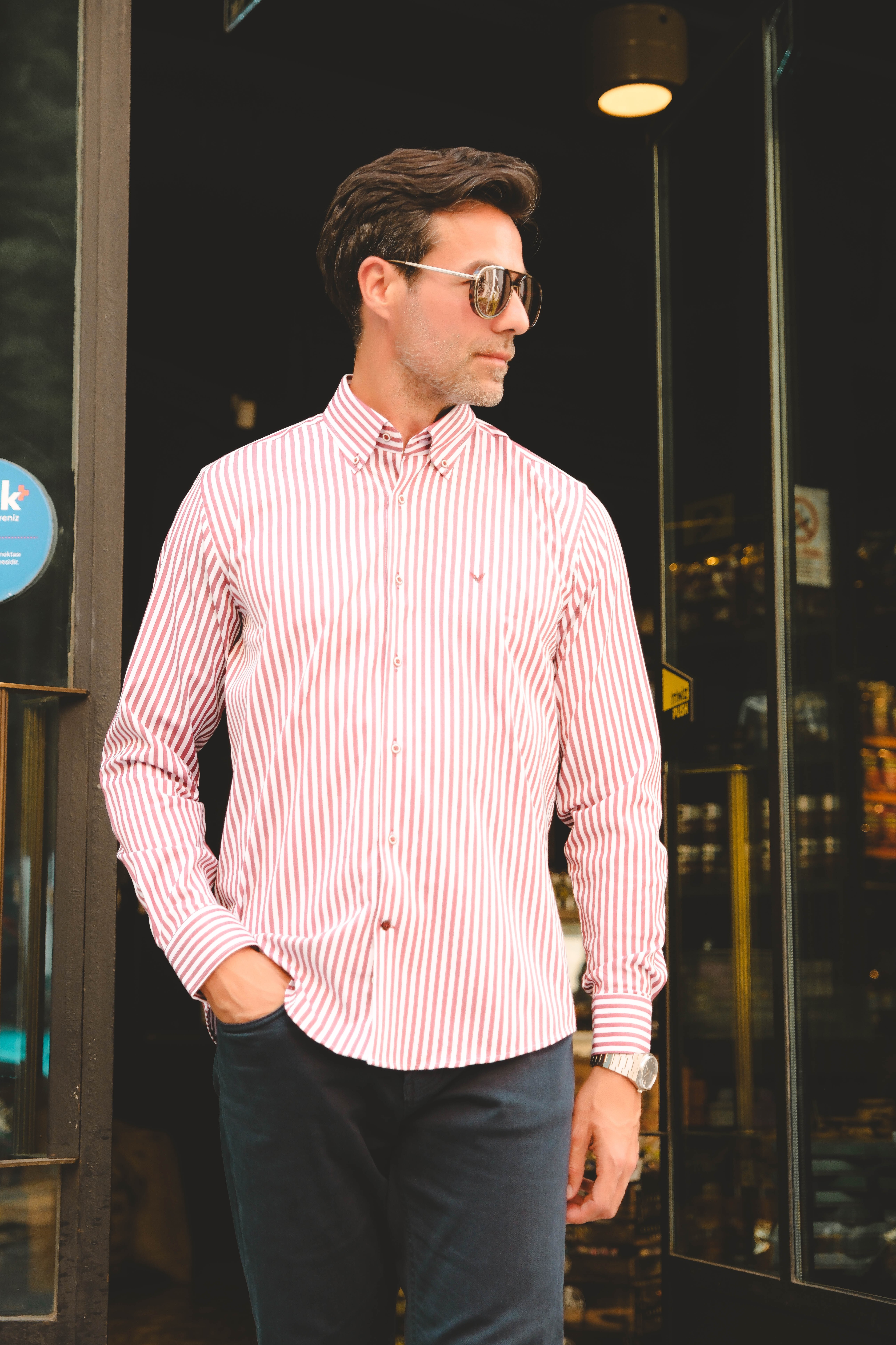 Slim Fit Uzun Kol Likralı Çizgili Yaka Düğmeli Hediye Kutulu Erkek Gömlek FS-003669 - Bordo