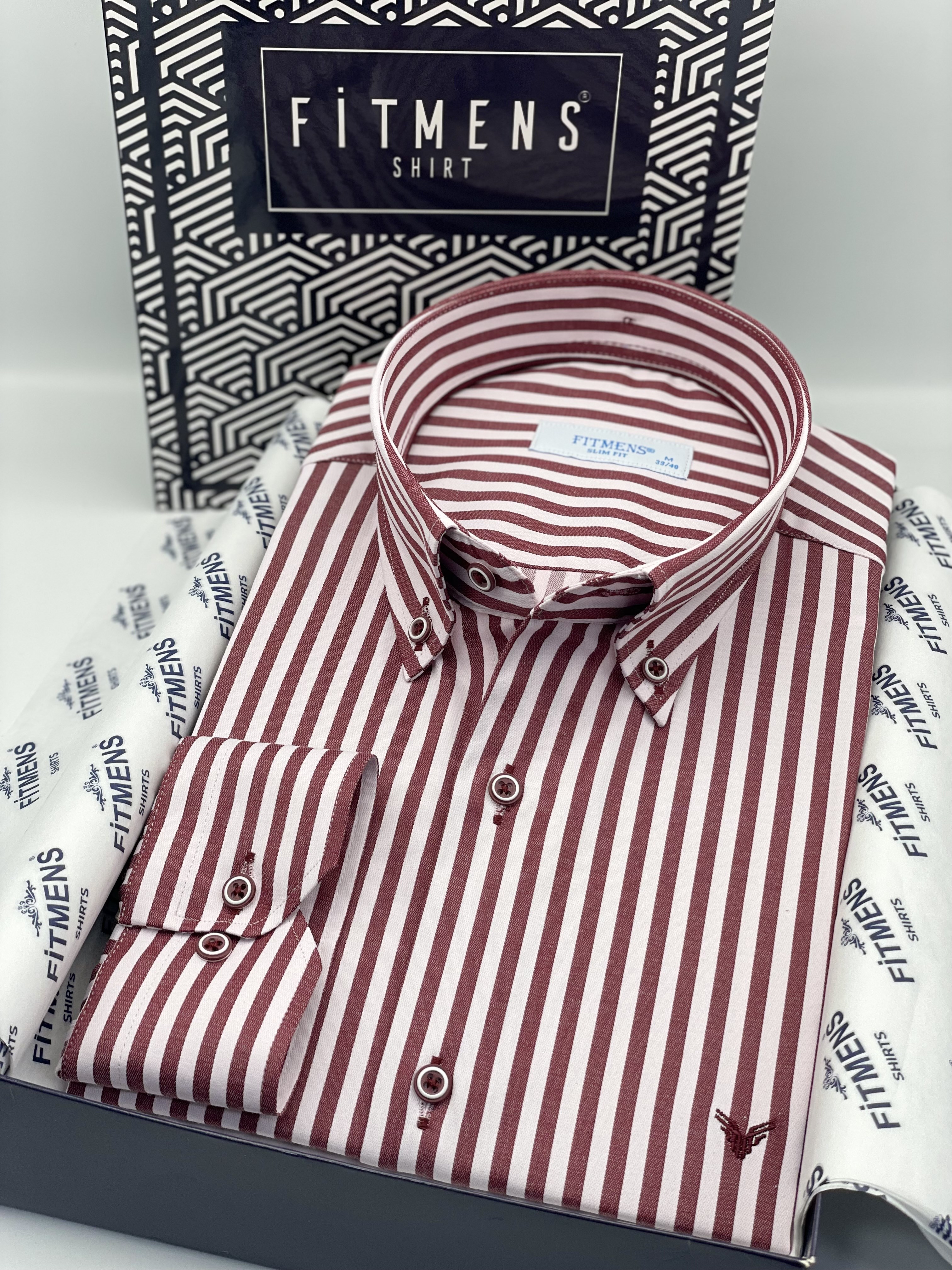 Slim Fit Uzun Kol Likralı Çizgili Yaka Düğmeli Hediye Kutulu Erkek Gömlek FS-003669 - Bordo
