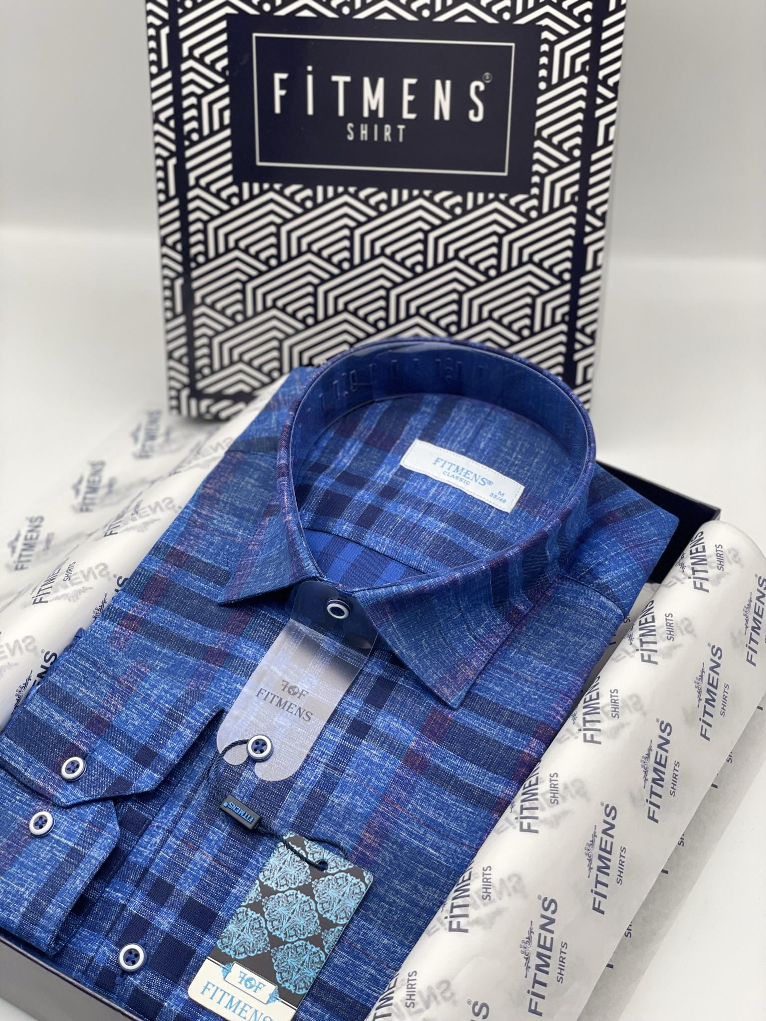 Klasik Uzun Kol Kareli Keten Cotton Cepsiz Yaka Alttan Düğmeli Erkek Hediye Kutulu Gömlek FS-003172 - Saks Mavi