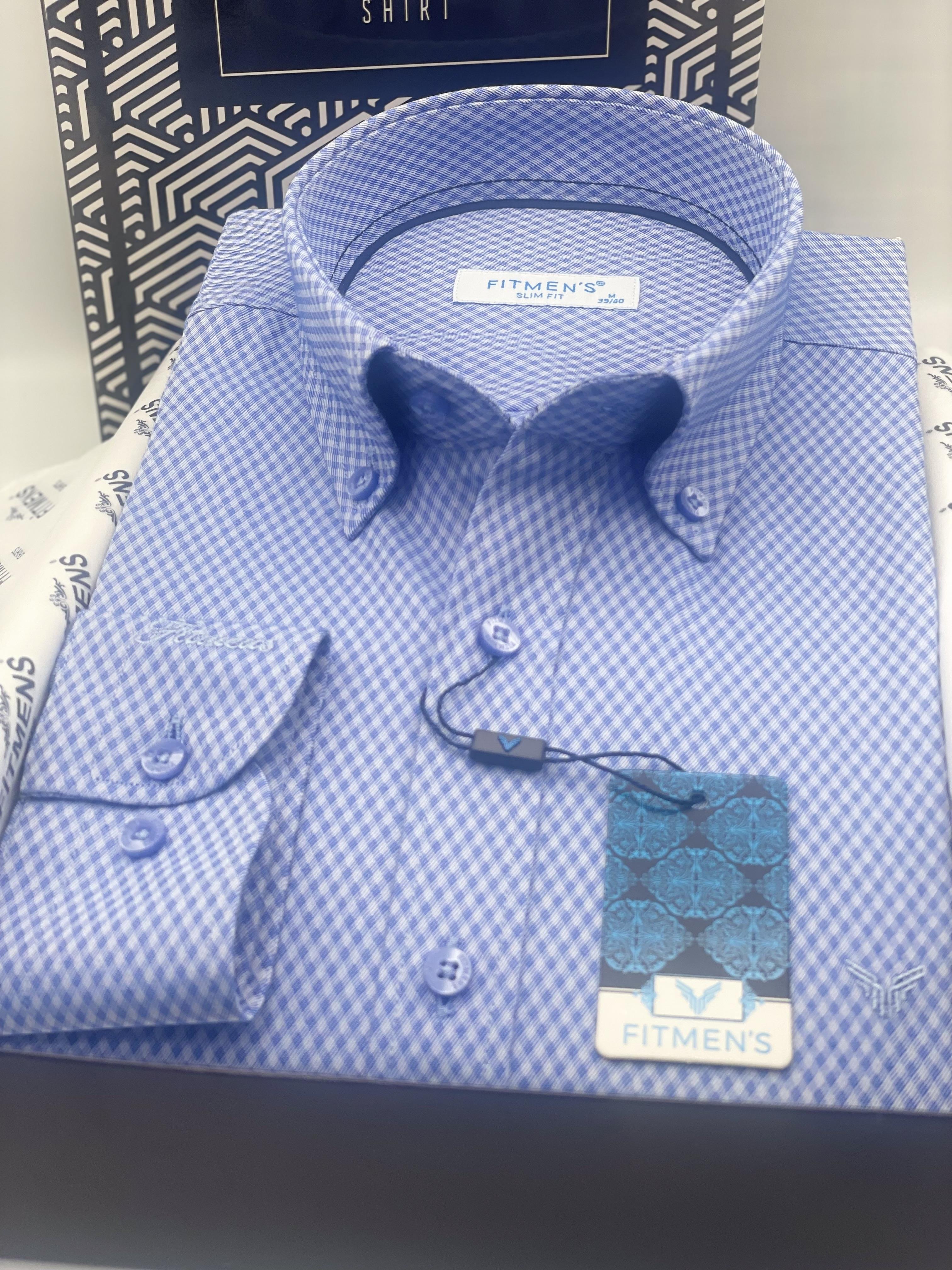 Slim Fit Uzun Kol Baklava Desen Kol Nakışlı Yaka Düğmeli Hediye Kutulu Şık Erkek Gömlek FS-004200 - Saks Mavi