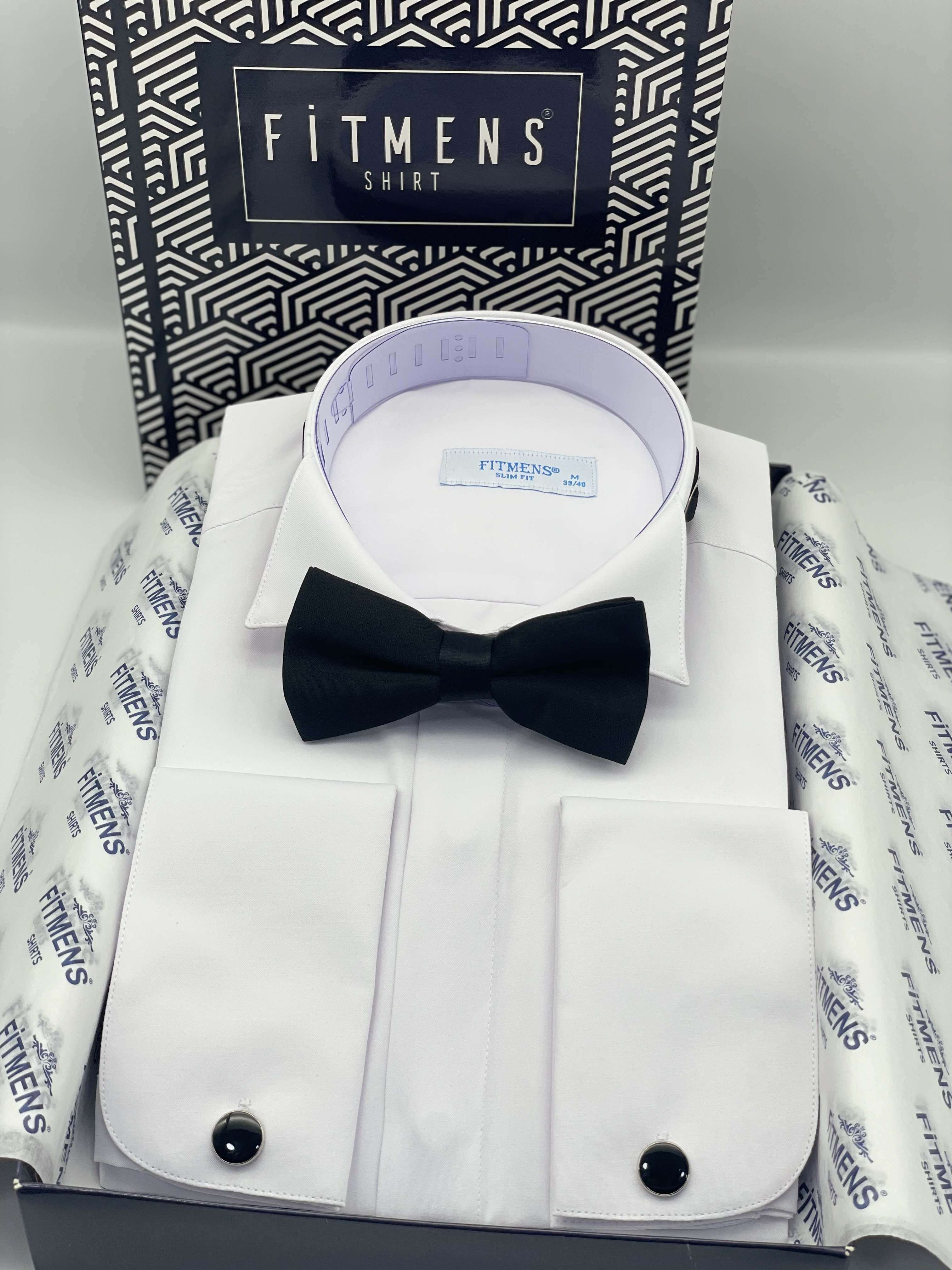 Slim Fit Uzun Kol Ata Yaka Gizli Düğmeli Smokin Damatlık Erkek Gömlek FS-004297 - Beyaz
