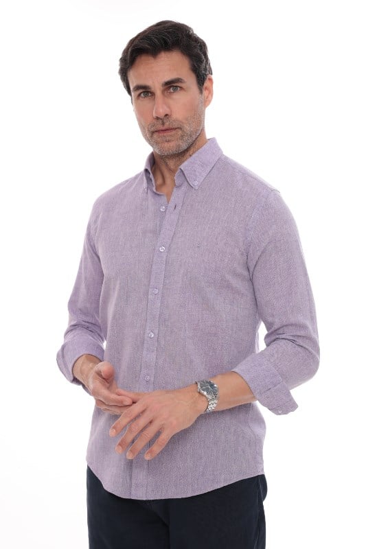 Slim Fit Uzun Kol Yaka Düğmeli Nefes Alan Keten Hediye Kutulu Erkek Gömlek FS-004548 - Lila