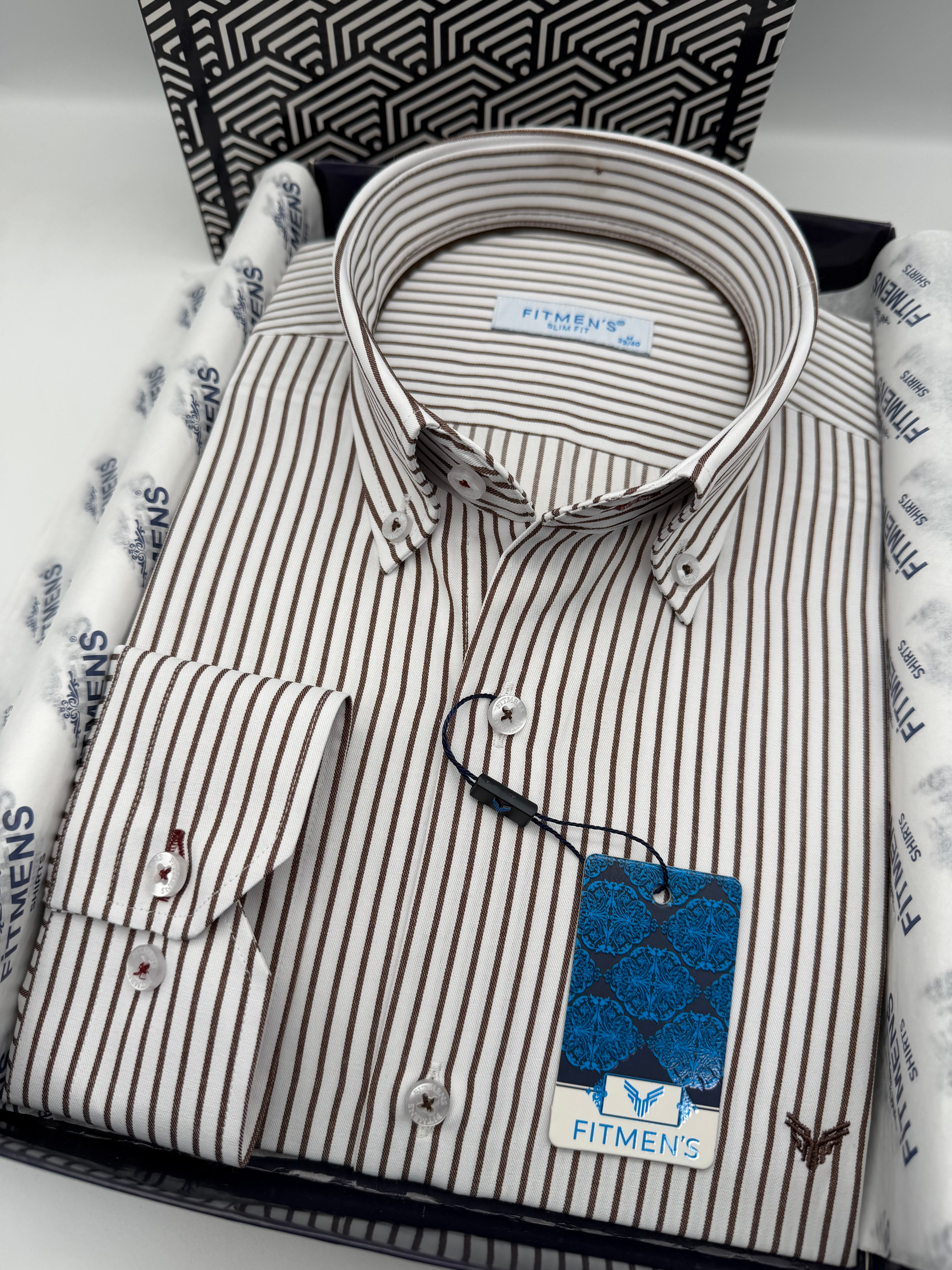 Slim Fit Uzun Kol Premium Çizgili Yaka Düğmeli Hediye Kutulu Erkek Gömlek FS-004440 - Kahverengi