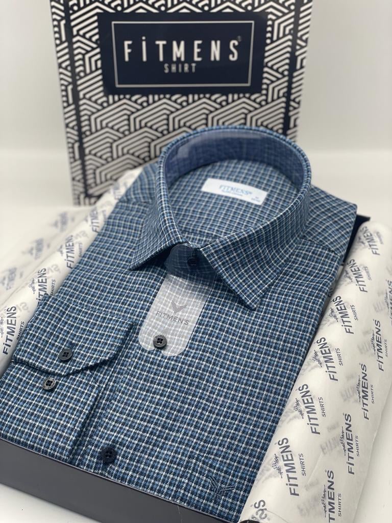 Klasik Uzun Kol Kışlık %100 Cotton Kareli Yaka Alttan Düğmeli Pamuku Hediye Kutulu Erkek Gömlek FS-003132 - Mavi