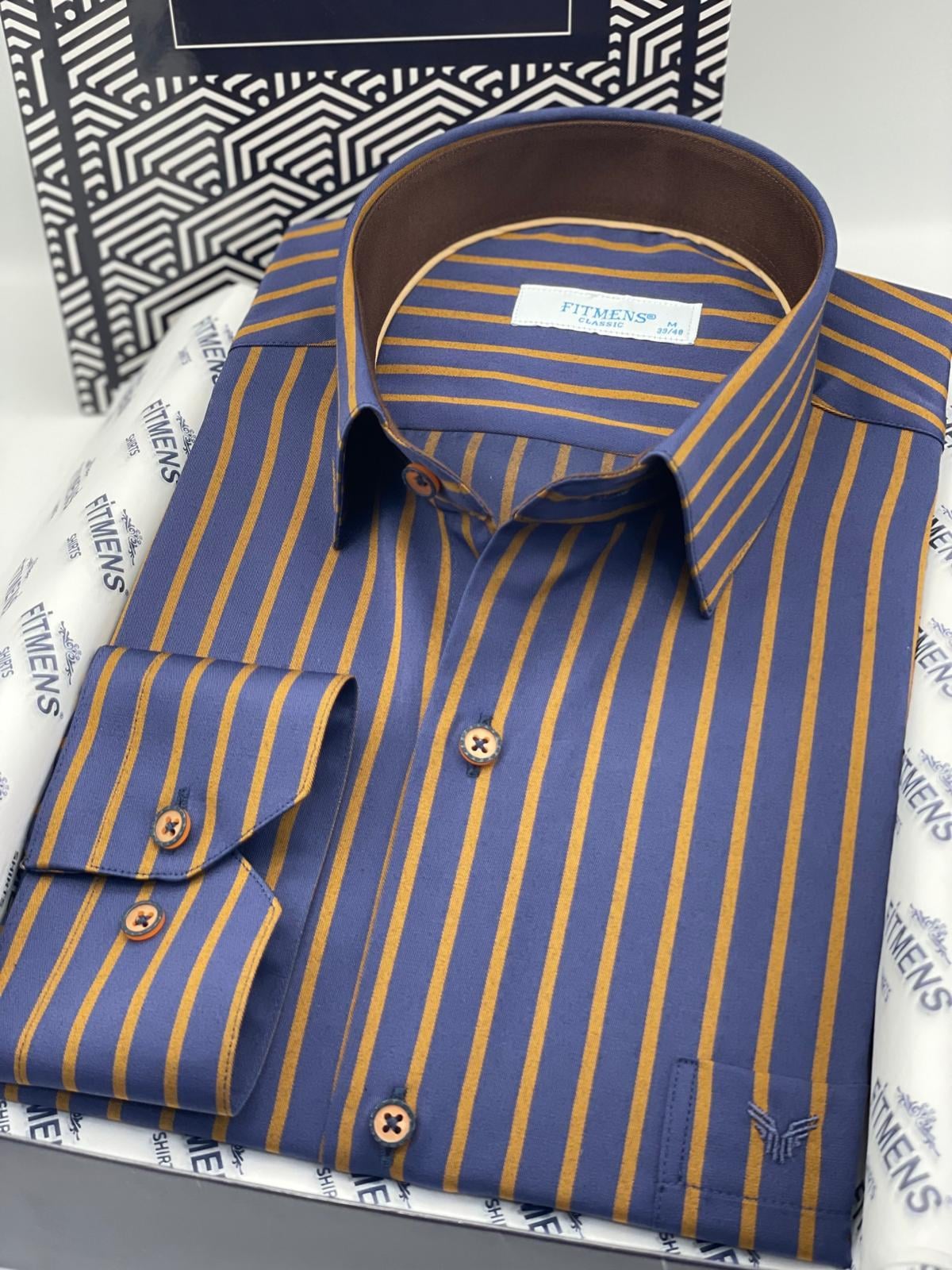 Klasik Uzun Kol Premium Çizgili Hediye Kutulu Erkek Gömlek FS-003941 - Lacivert Kahve