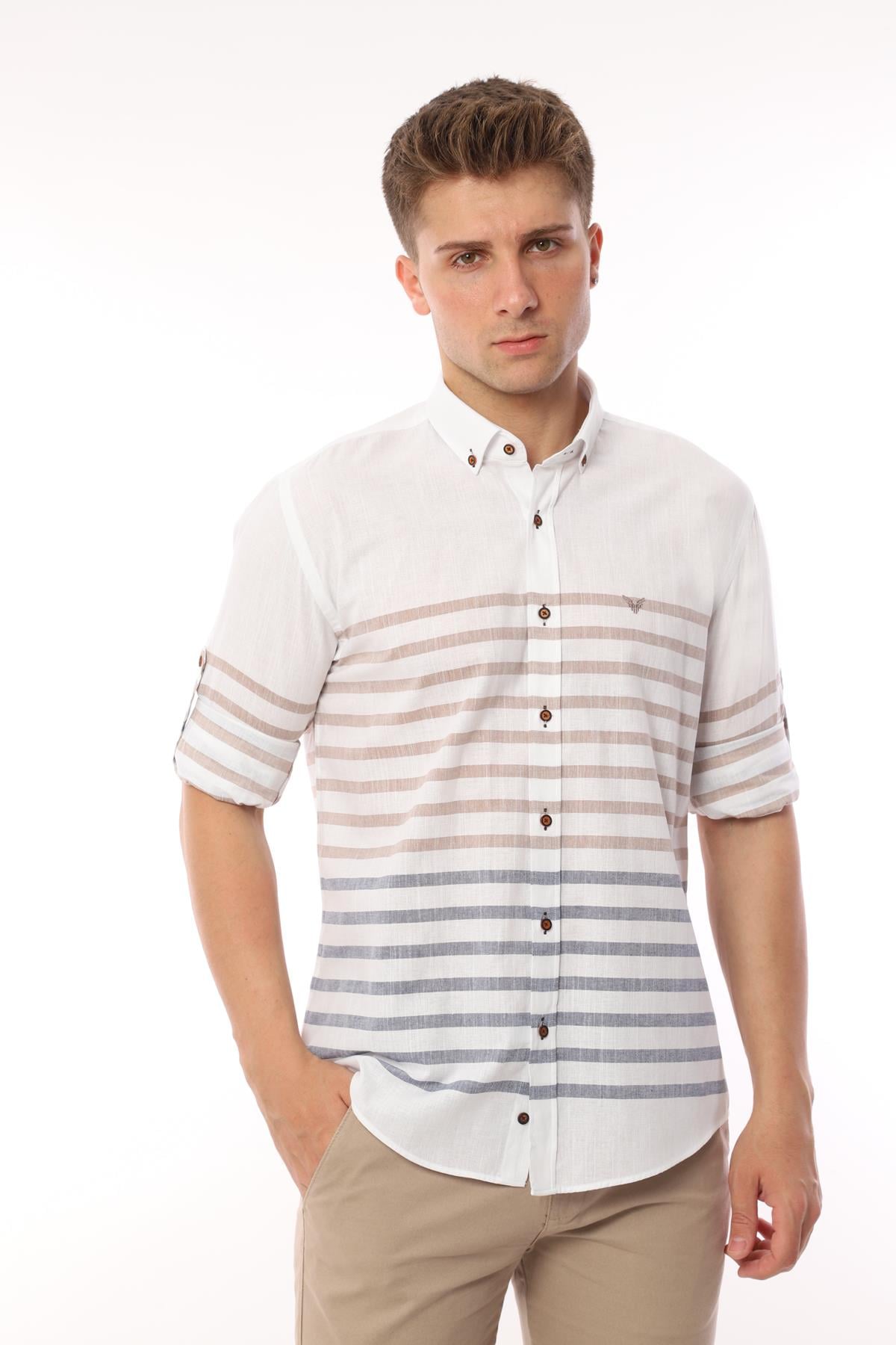 Slim Fit Uzun Kol Panolu Keten Hediye Kutulu Kolay Ütülenebilir Erkek Gömlek FS-002996 - Bej