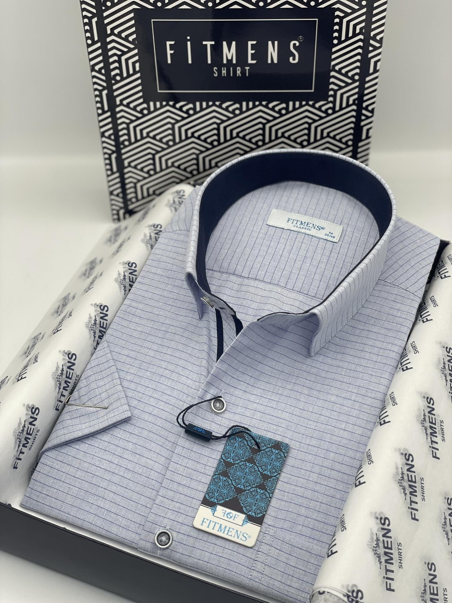 Klasik Kısa Kol Keten Cotton Kareli Pamuk Hediye Kutulu Erkek Gömlek FS-003009 - Mavi