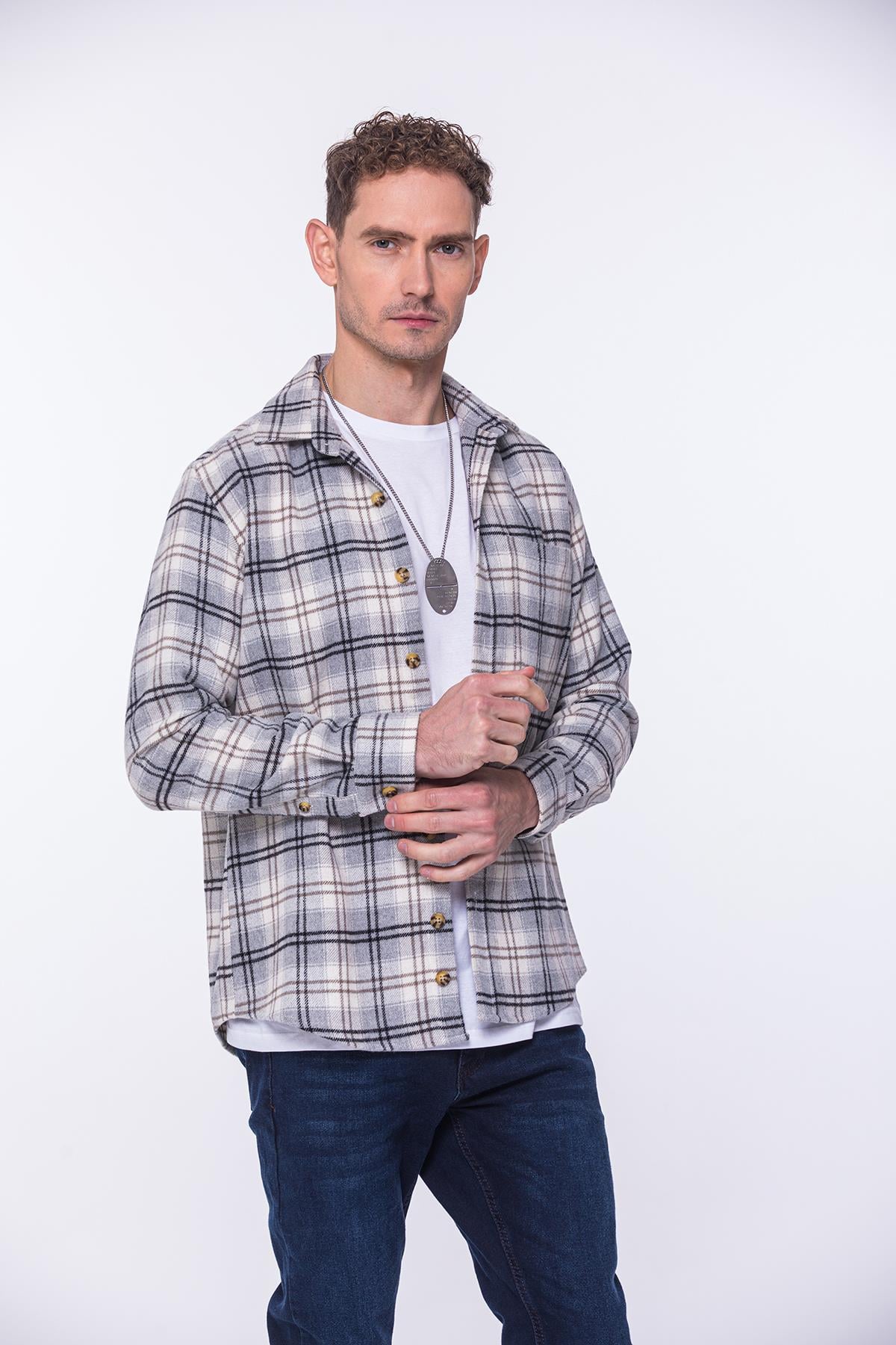 Oversize Oduncu Yumuşak Dokulu %100 Cotton Kareli Hediye Kutulu Erkek Gömlek FS-002200 - Gri