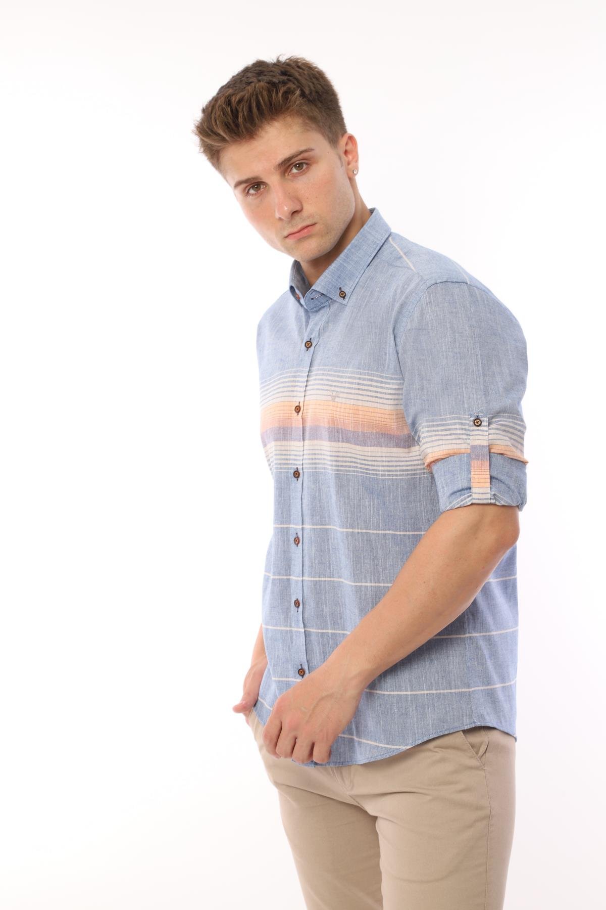 Slim Fit Uzun Kol Panolu Keten Hediye Kutulu Kolay Ütülenebilir Erkek Gömlek FS-002994 - Turuncu