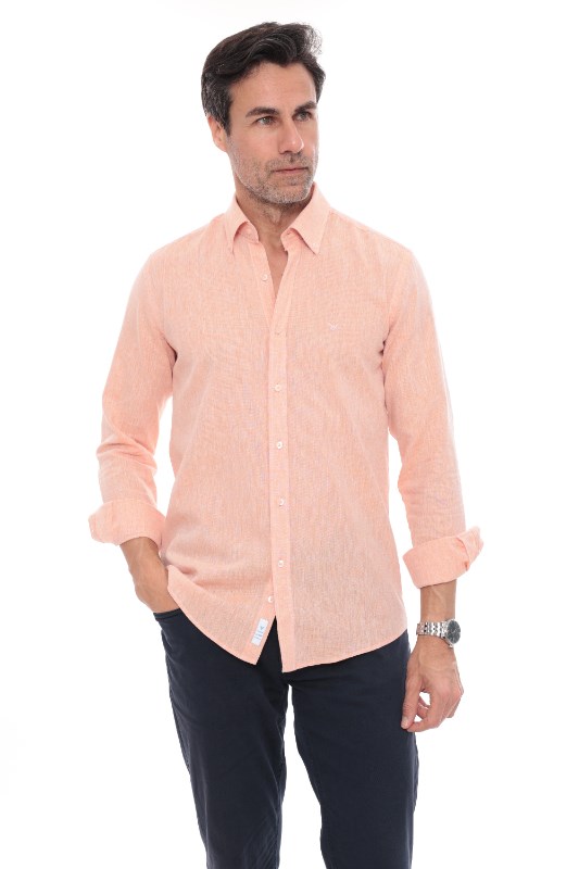 Slim Fit Uzun Kol Yaka Düğmeli Nefes Alan Keten Hediye Kutulu Erkek Gömlek FS-004548 - Oranj
