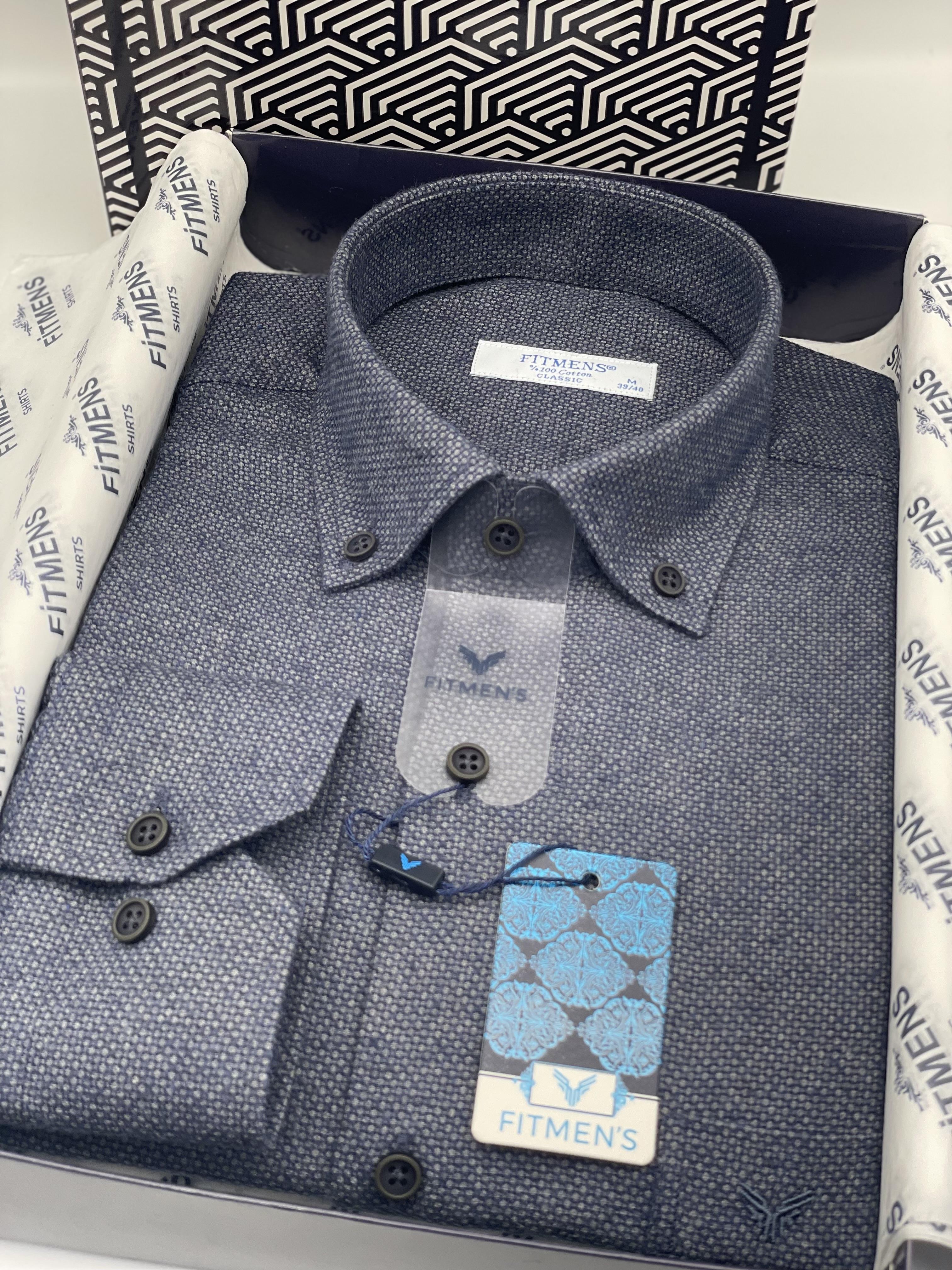 Klasik Uzun Kol Kışlık Kuşgözü Yaka Düğmeli Yünlü %100 Cotton Hediye Kutulu Erkek Gömlek FS-003768 - İndigo