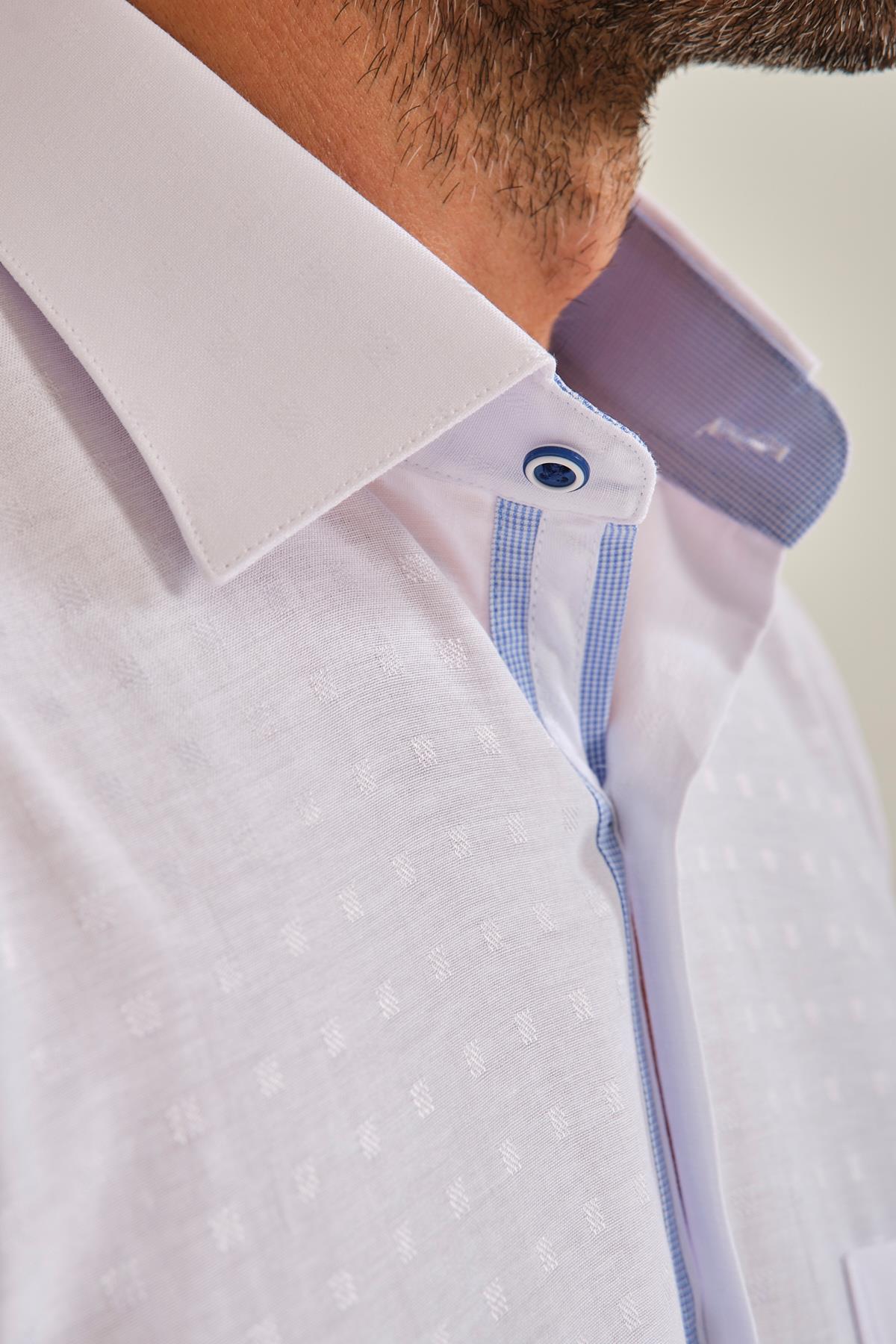 Klasik Kısa Kol Açık Zemin Kutu Desen Keten Cotton Hediye Kutulu Erkek Gömlek FS-000745 - Beyaz Açık Mavi