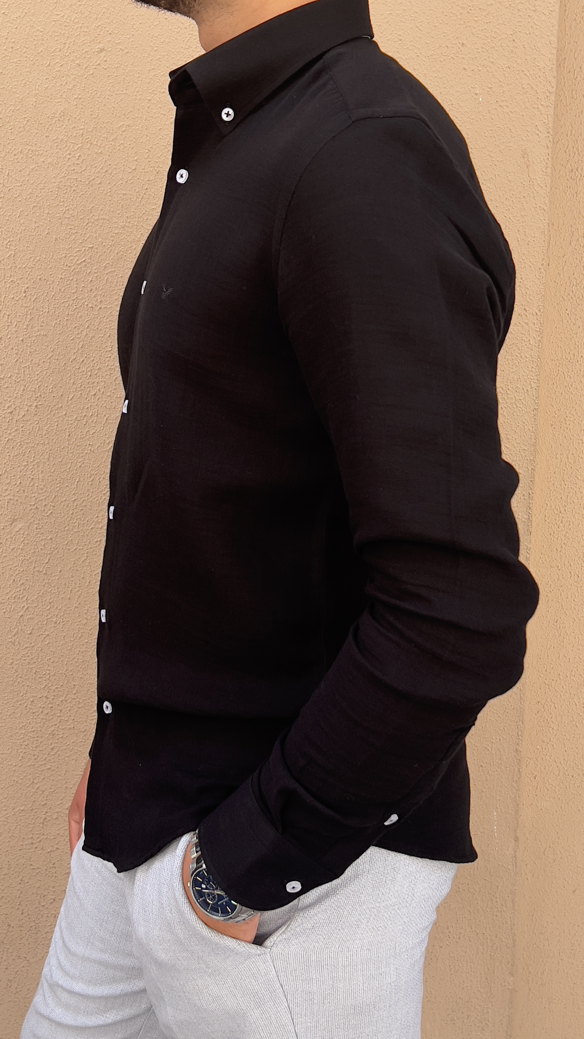 Slim Fit Uzun Kol Müslin Pamuk Rahat Nefes Alabilen Kumaştan Yaka Düğmeli Hediye Kutulu Erkek Gömlek FS-004202 - Siyah