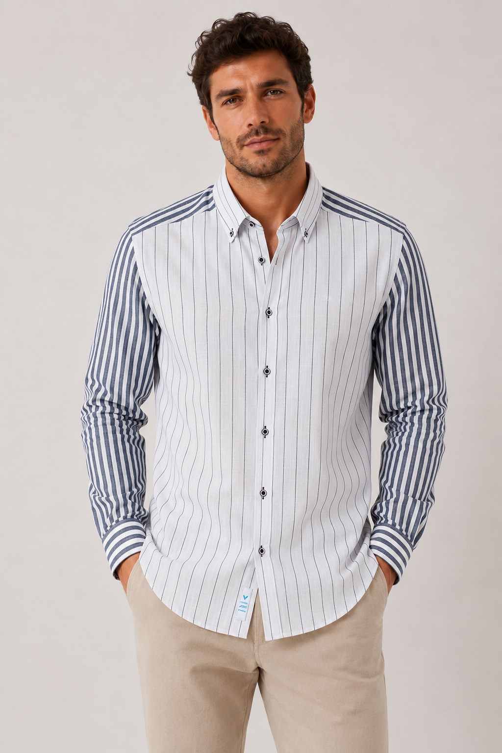 Slim Fit Uzun Kol Keten Likra Çift Desen Cepsiz Hediye Kutulu Erkek Gömlek FS-004577 - Lacivert