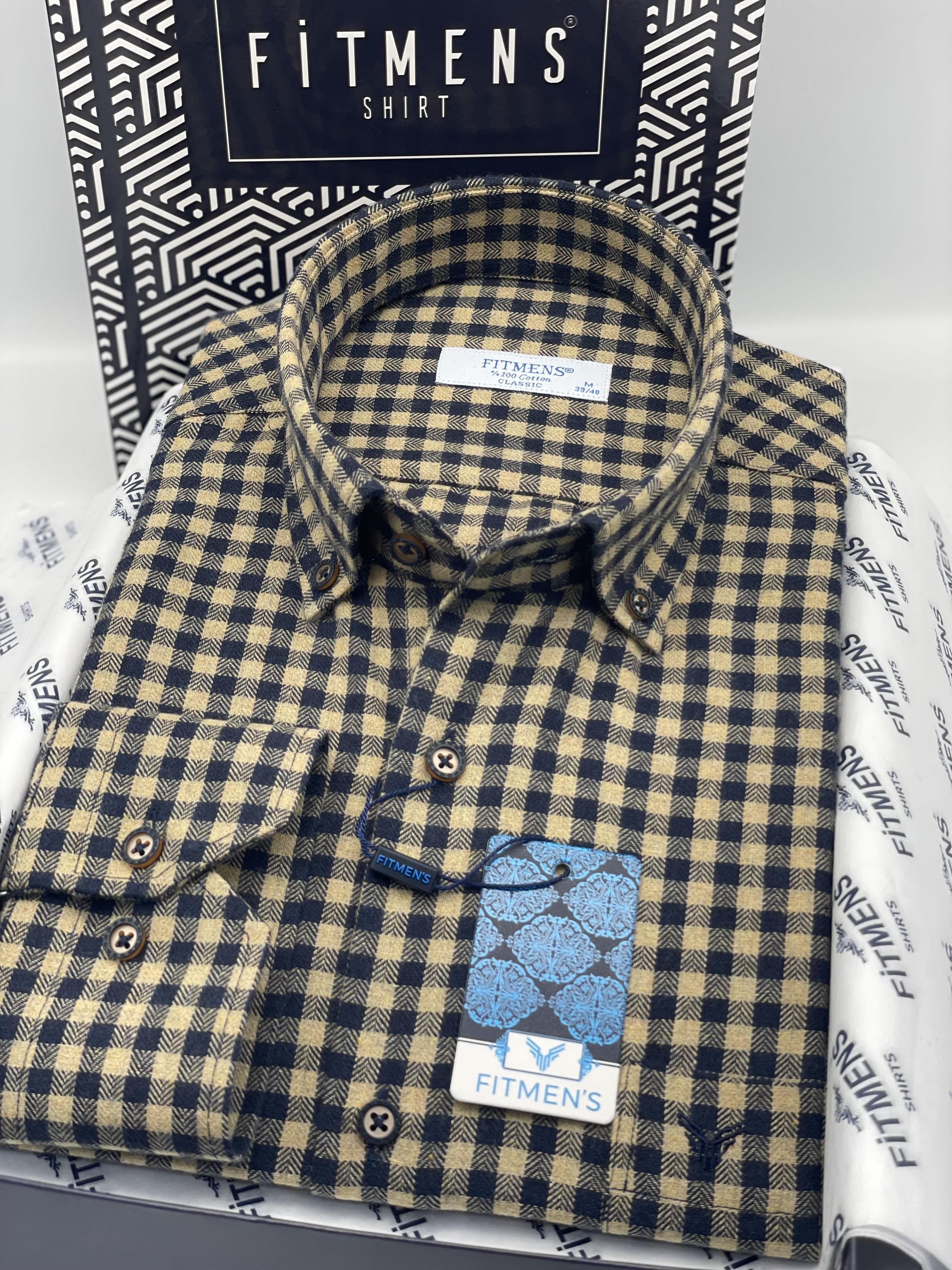 Klasik Uzun Kol Kışlık %100 Cotton Kareli Yaka Düğmeli Pamuklu Hediye Kutulu Erkek Gömlek FS-003128 - Kahverengi