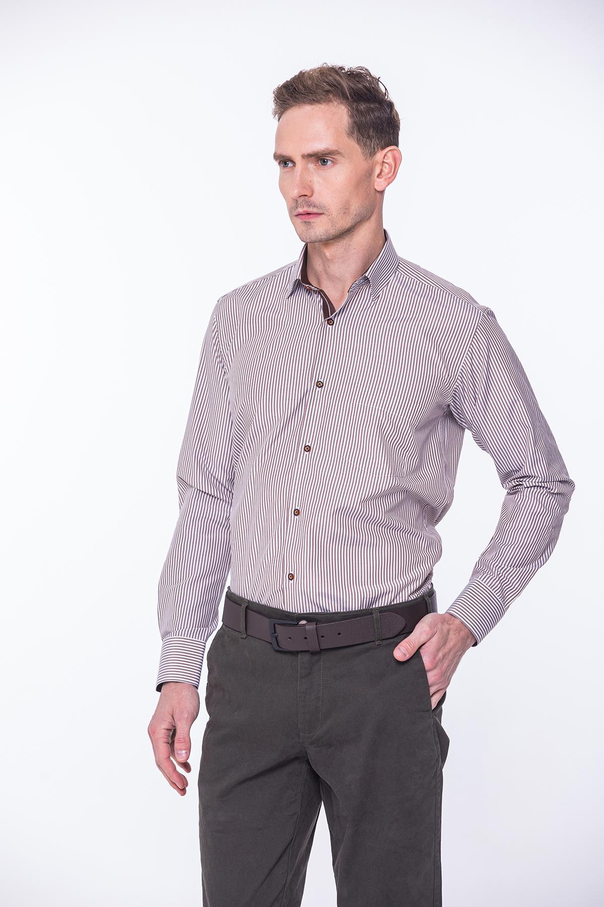 Klasik Uzun Kol Çubuk Çizgili Hediye Kutulu Erkek Gömlek FS-001365 - Beyaz Kahve