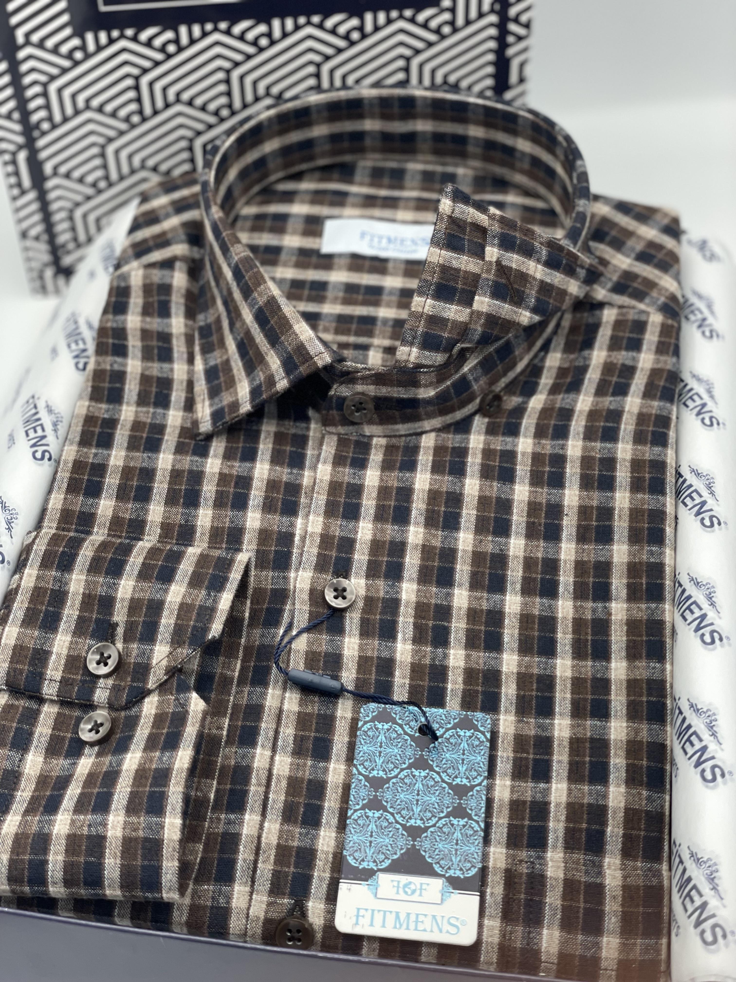 Klasik Uzun Kol Kışlık %100 Cotton Kareli Yaka Alttan Düğmeli Hediye Kutulu Erkek Gömlek FS-001984 - Kahverengi