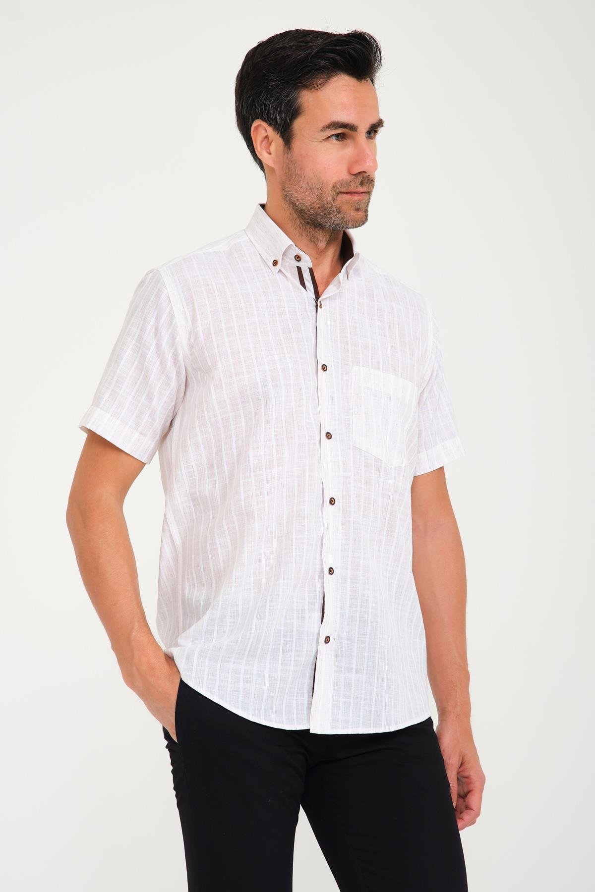 Klasik Kısa Kol Armür Çizgili Flam Keten Düğmeli Yaka Hediye Kutulu Erkek Gömlek FS-000678 - Ekru
