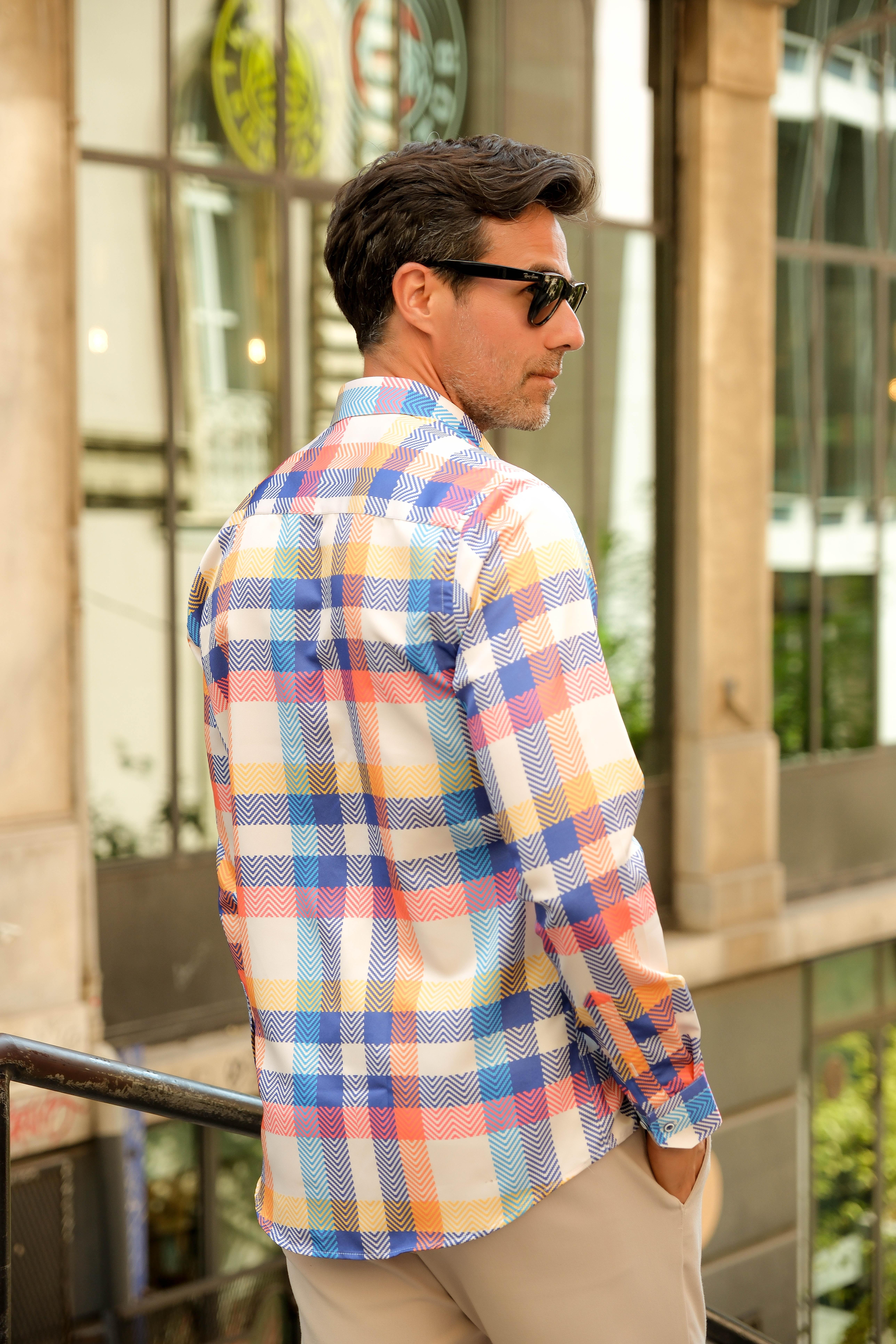 Slim Fit Uzun Kol Dijital Baskılı Likralı Yaka Alttan Düğmeli Renkli Gömlek FS-003232 - Sarı