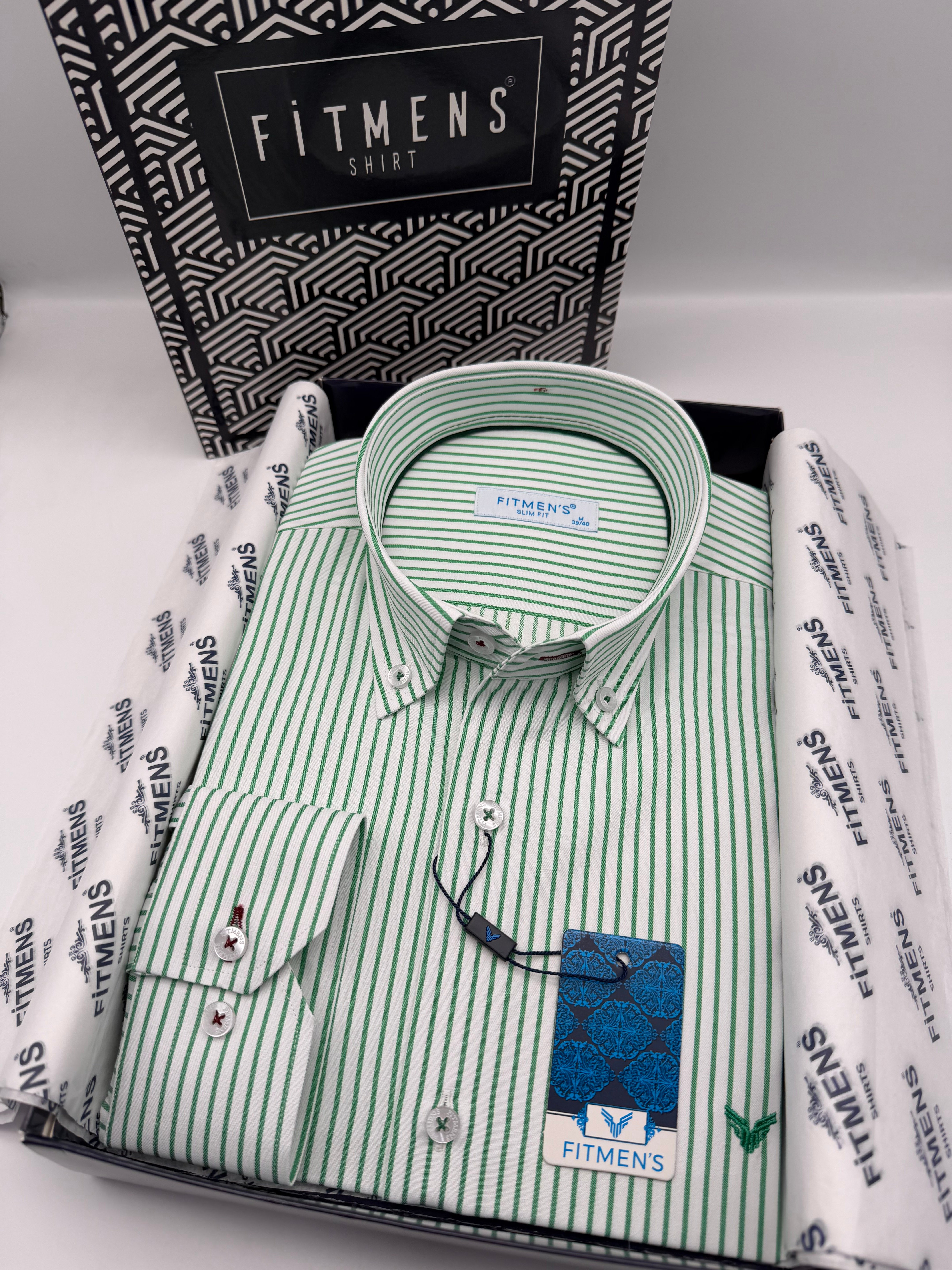 Slim Fit Uzun Kol Premium Çizgili Yaka Düğmeli Hediye Kutulu Erkek Gömlek FS-004440 - Yeşil