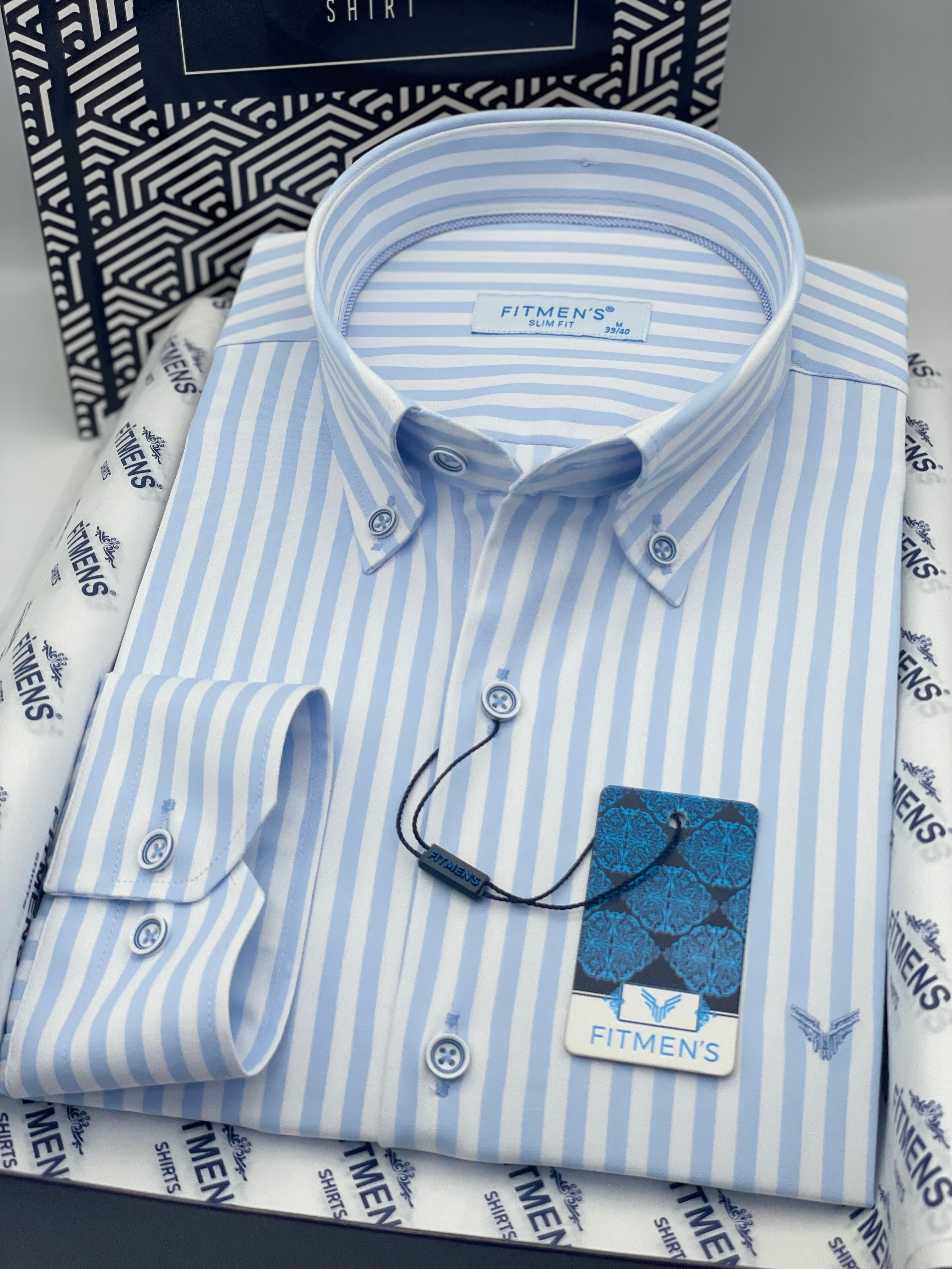 Slim Fit Uzun Kol Likralı Çizgili Yaka Düğmeli Hediye Kutulu Erkek Gömlek FS-003669 - Buz Mavi