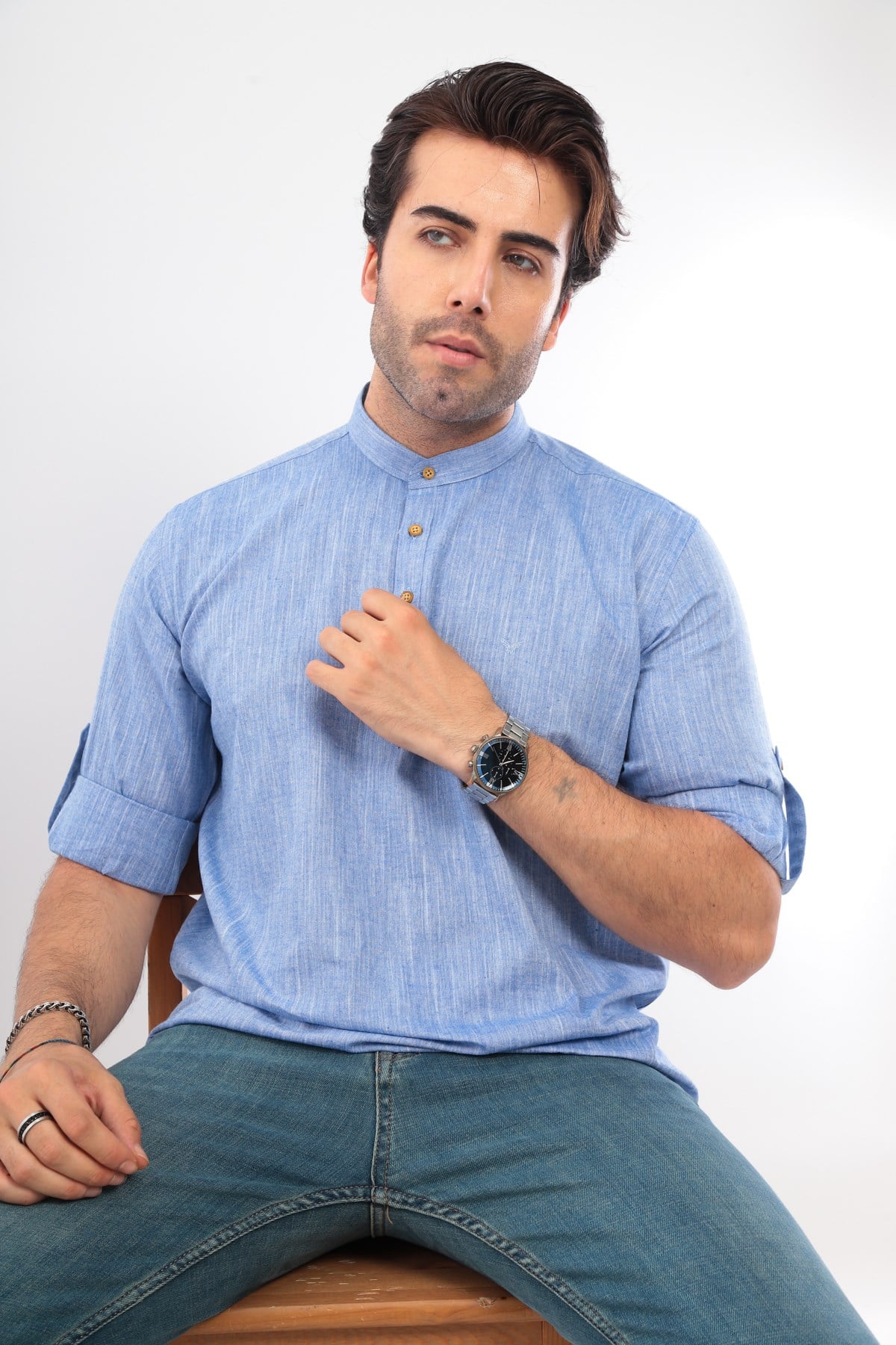 Slim Fit Uzun Kol Hakim Yaka Yarım Patlı Hediye Kutulu Erkek Gömlek FS-003687 - Mavi