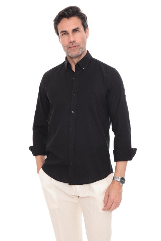 Slim Fit Uzun Kol Yaka Düğmeli Nefes Alan Keten Hediye Kutulu Erkek Gömlek FS-004548 - Siyah
