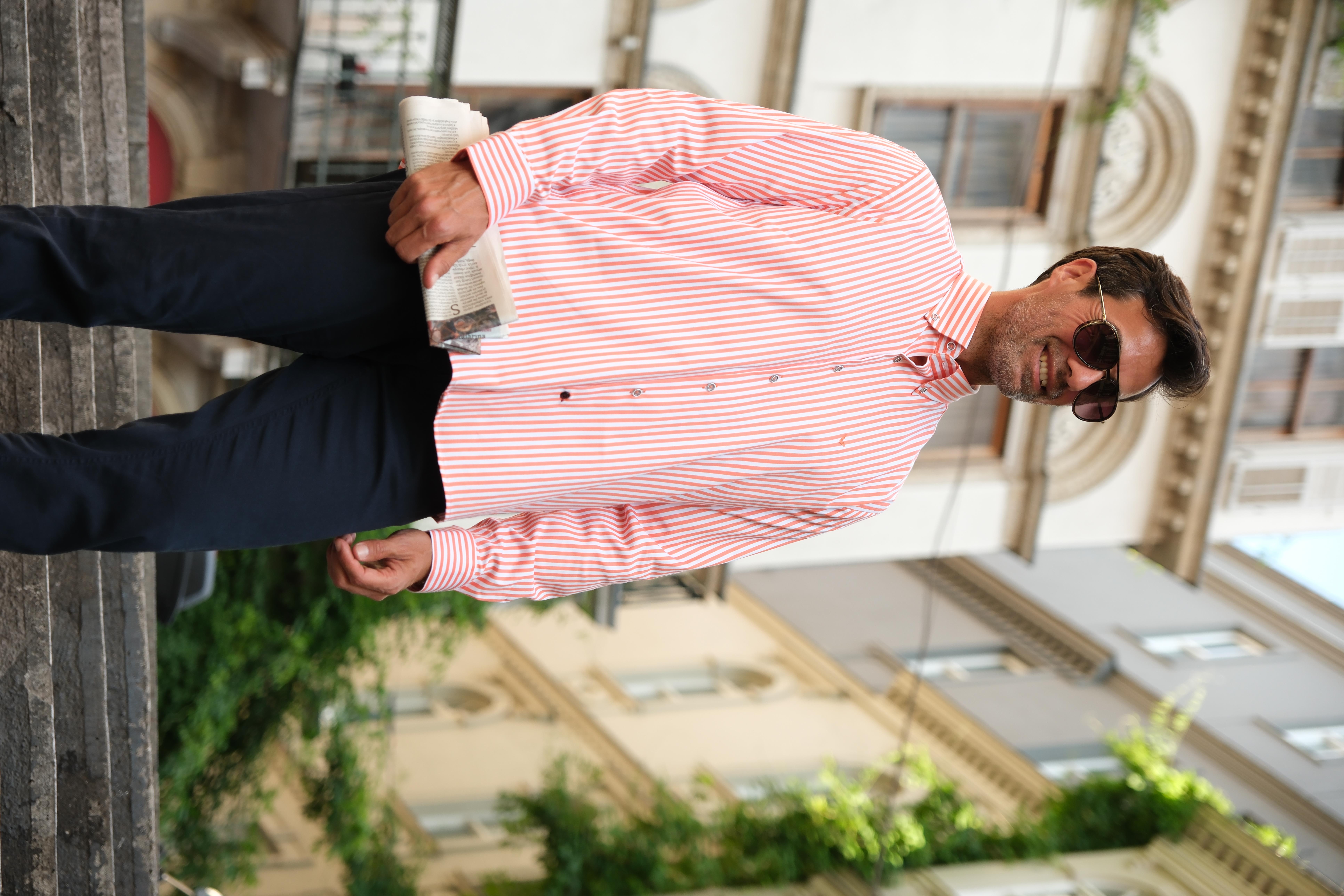 Slim Fit Uzun Kol Likralı Çizgili Yaka Düğmeli Hediye Kutulu Erkek Gömlek FS-003669 - Turuncu