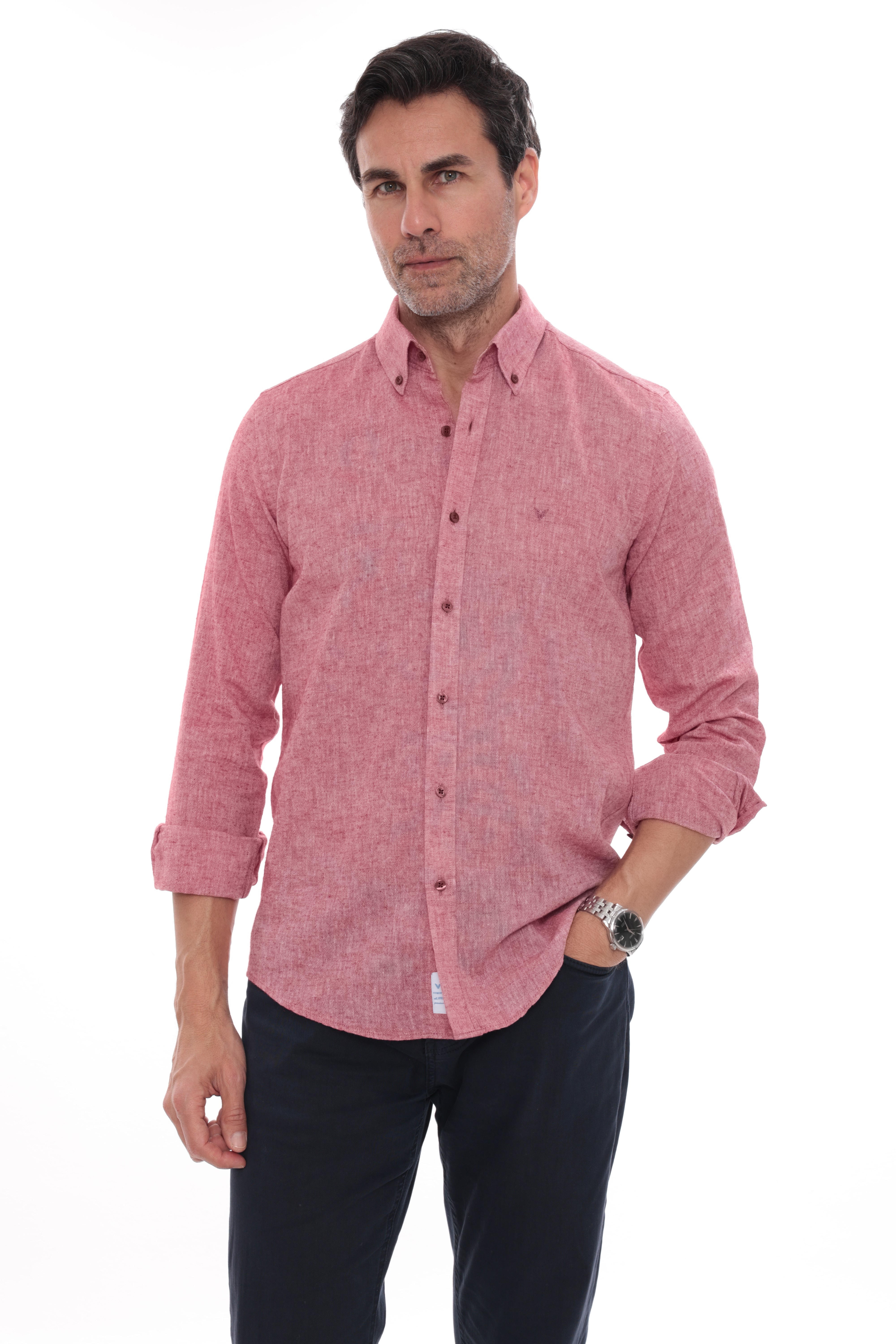 Slim Fit Uzun Kol Yaka Düğmeli Nefes Alan Keten Hediye Kutulu Erkek Gömlek FS-004548 - Kırmızı