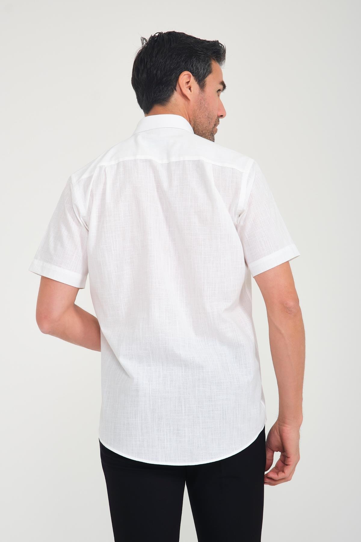 Klasik Kısa Kol Linen Keten Yaka Düğmeli Hediye Kutulu Erkek Gömlek FS-001202 - Ekru