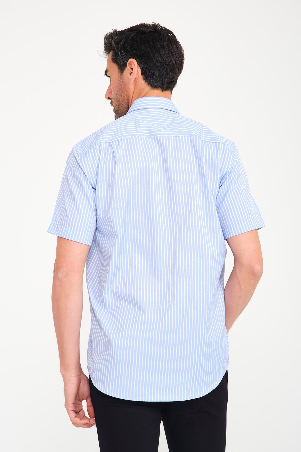 Klasik Kısa Kol Kalın Çizgili Hediye Kutulu Erkek Gömlek FS-000702 - Açık Mavi
