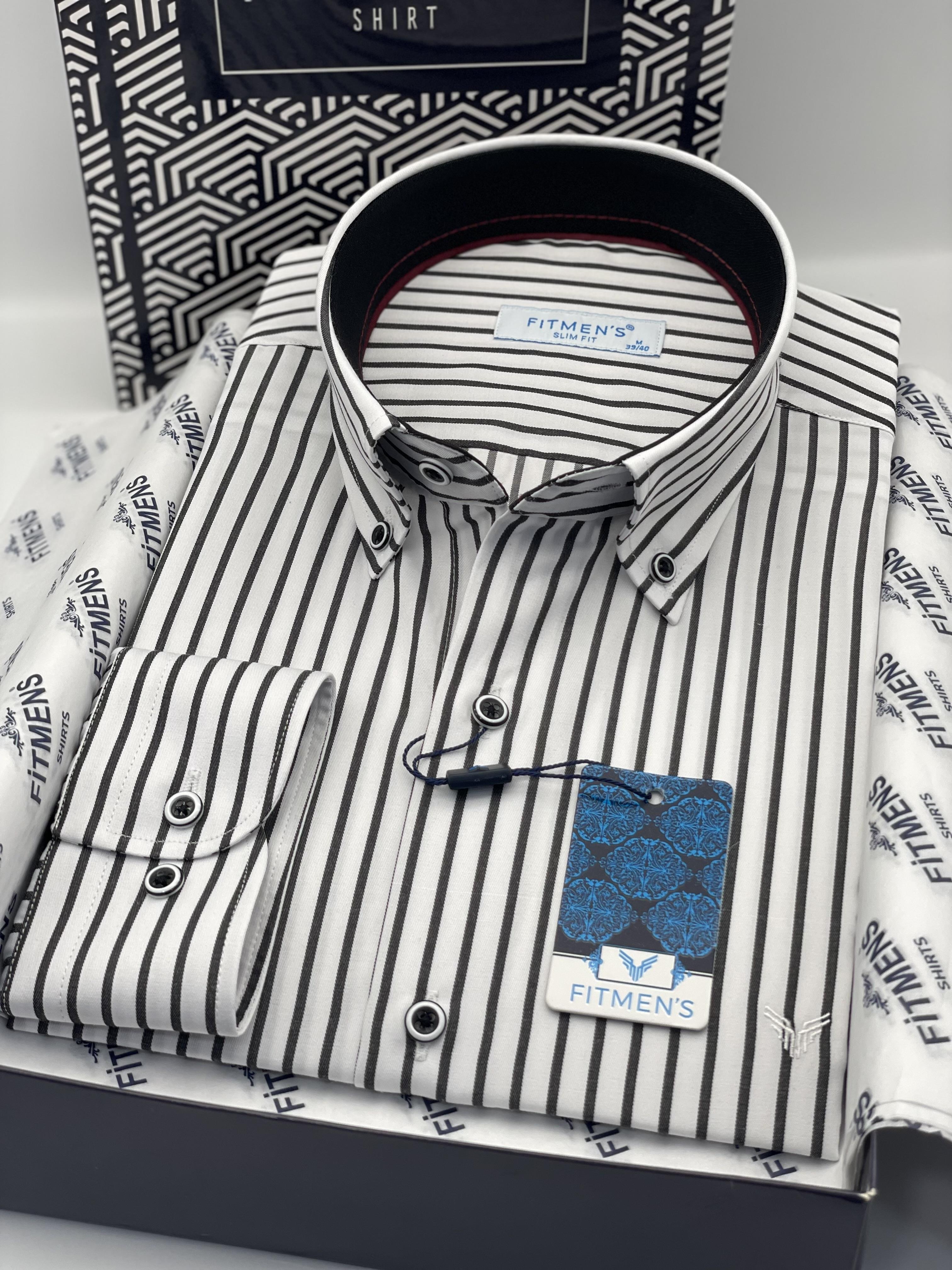 Slim Fit Uzun Kol Premium Kalın Çizgili Yaka Düğmeli Hediye Kutulu Kolay Ütülenebilir Erkek Gömlek FS-001375 - Beyaz Siyah