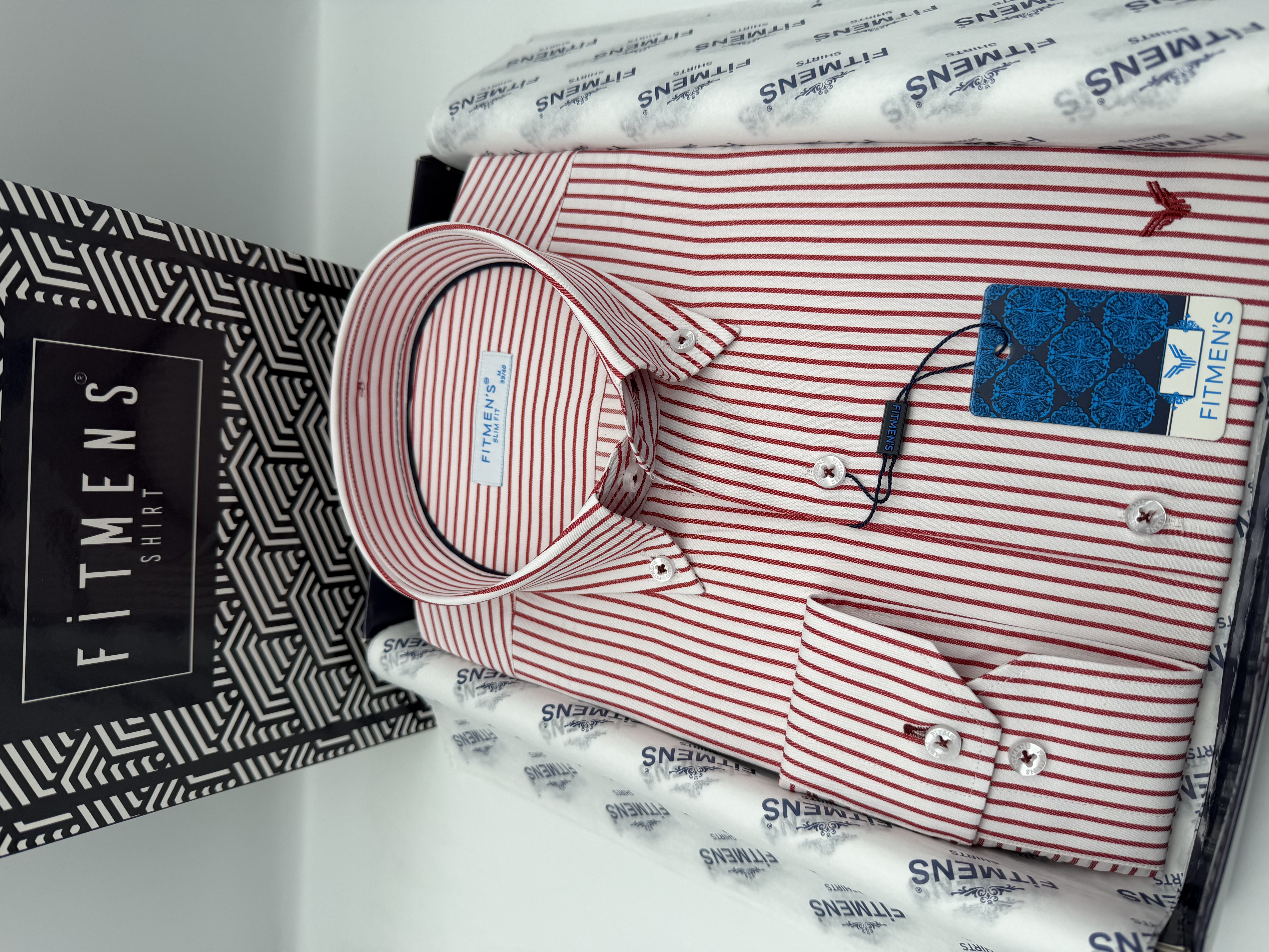 Slim Fit Uzun Kol Premium Çizgili Yaka Düğmeli Hediye Kutulu Erkek Gömlek FS-004440 - Bordo