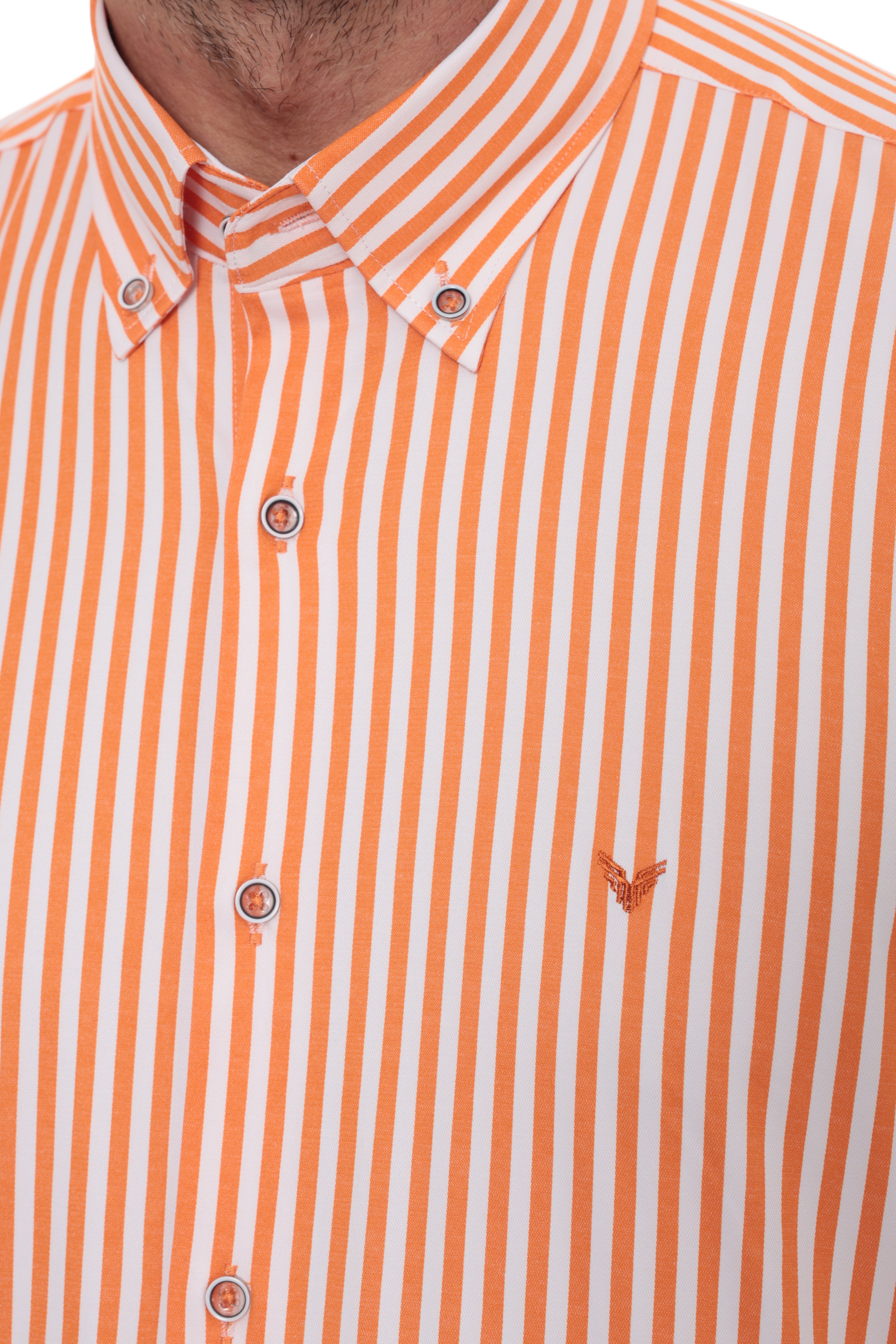 Slim Fit Uzun Kol Likralı Çizgili Yaka Düğmeli Hediye Kutulu Erkek Gömlek FS-003669 - Turuncu