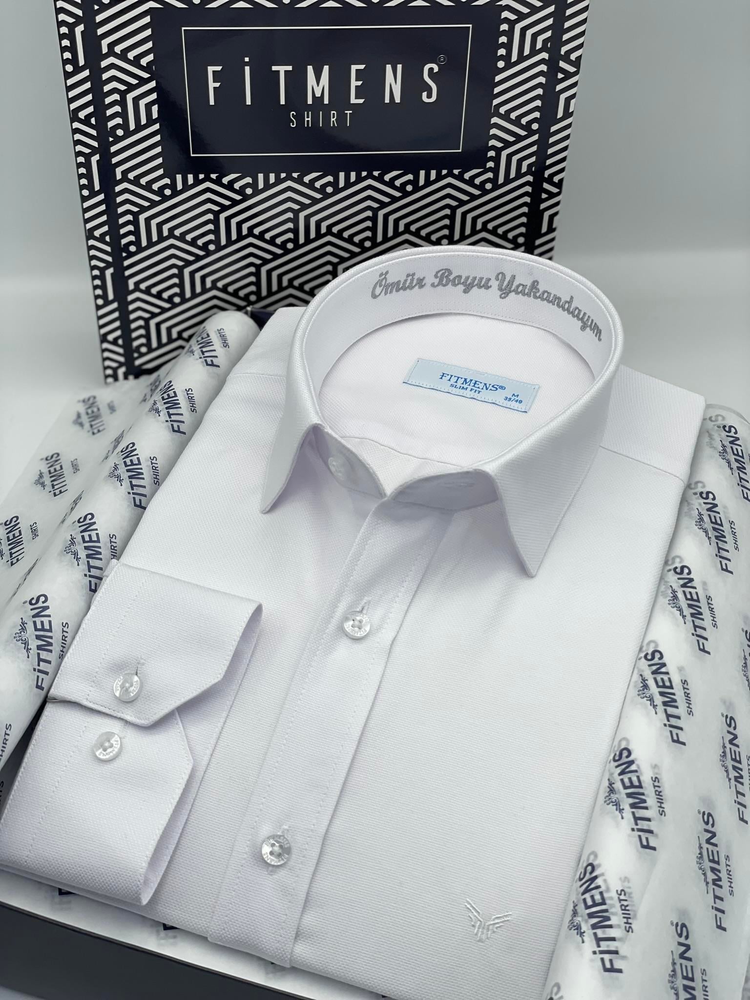Slim Fit Uzun Kol Ömür Boyu Yakandayım Nakışlı Hediye Kutulu Erkek Gömlek FS-001376 - Beyaz