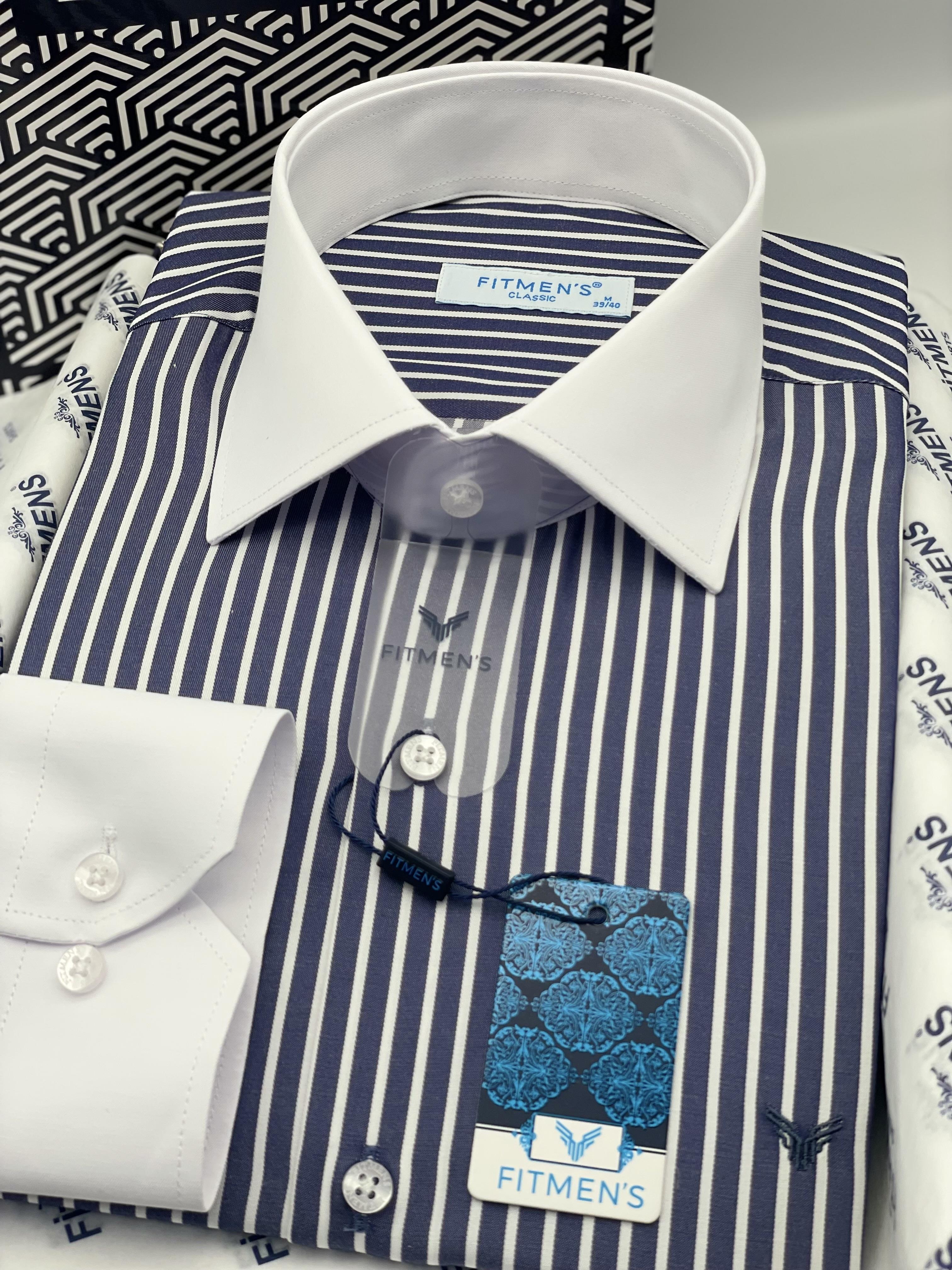 Klasik Uzun Kol Cepsiz Yaka Manşet Beyaz Hediye Kutulu Erkek Gömlek FS-004328 - Lacivert Beyaz